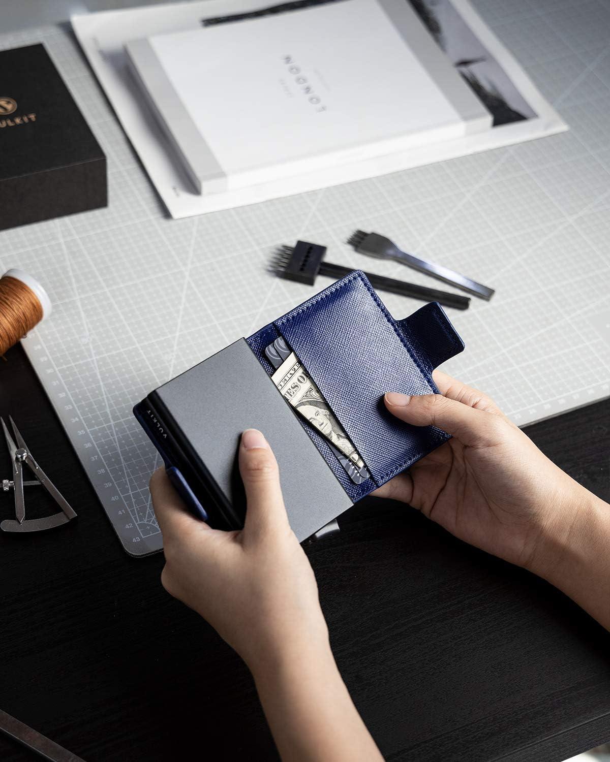 image:imageVULKIT Credit Card Holder RFID Blocking Leather Automatic Pop Up Wallet Magnetic Wallet Double Card Case for Men and WomenCross Navy