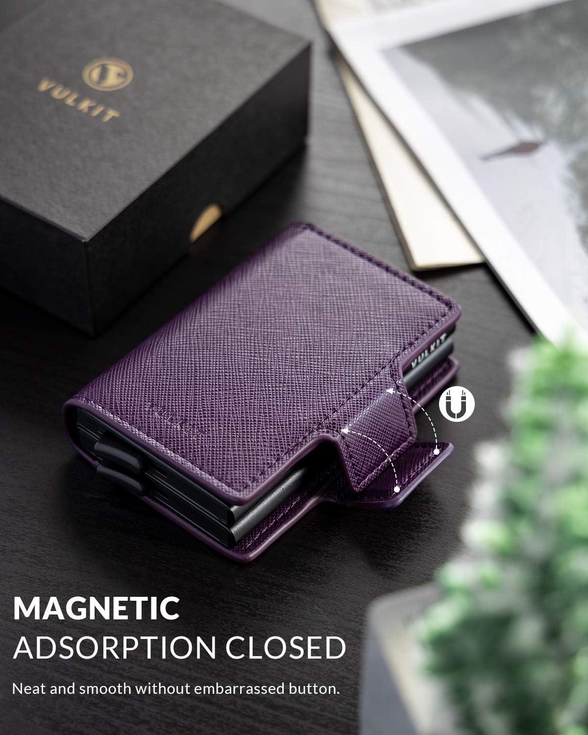 image:imageVULKIT Credit Card Holder RFID Blocking Leather Automatic Pop Up Wallet Magnetic Wallet Double Card Case for Men and WomenCross Wine