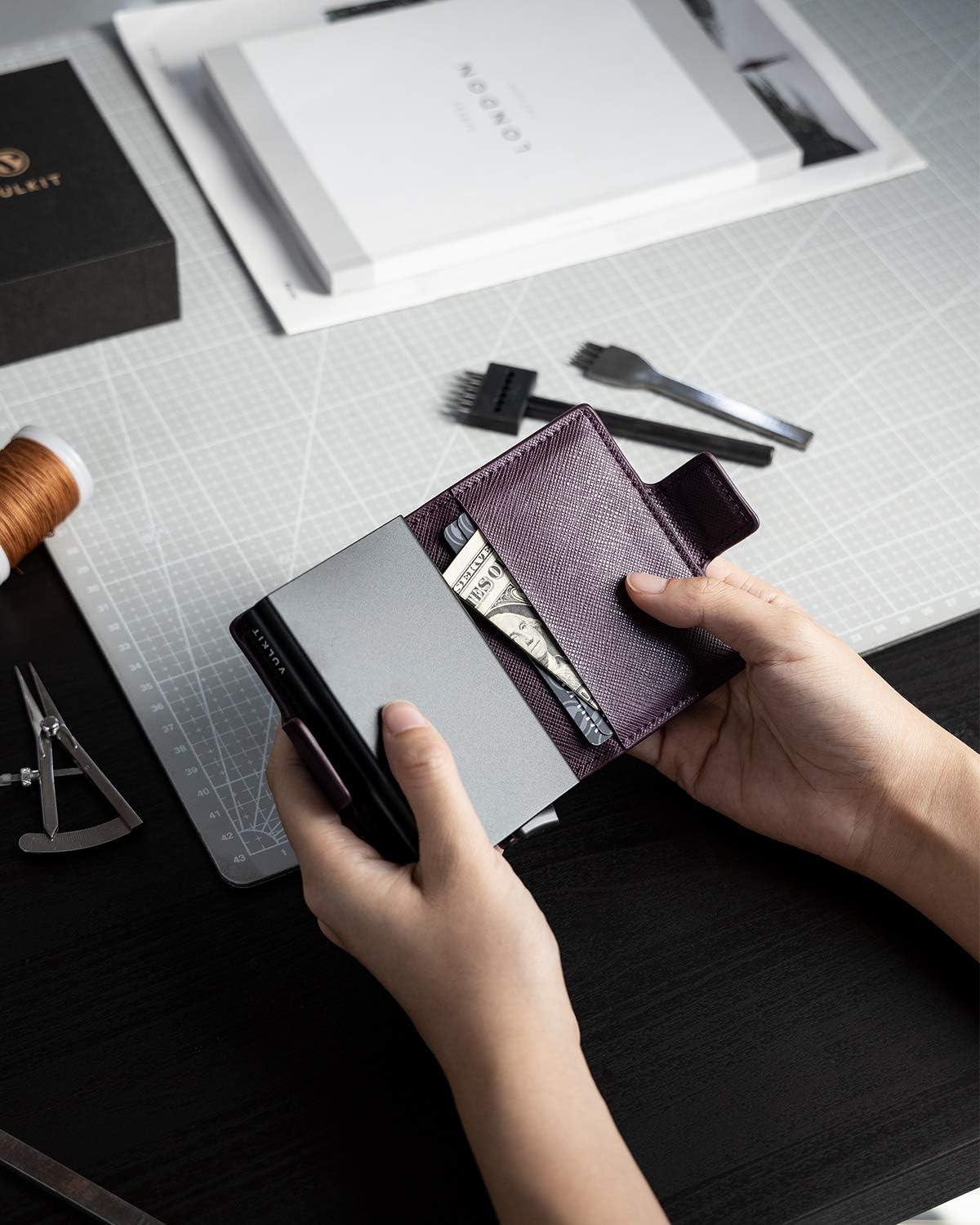 image:imageVULKIT Credit Card Holder RFID Blocking Leather Automatic Pop Up Wallet Magnetic Wallet Double Card Case for Men and WomenCross Wine