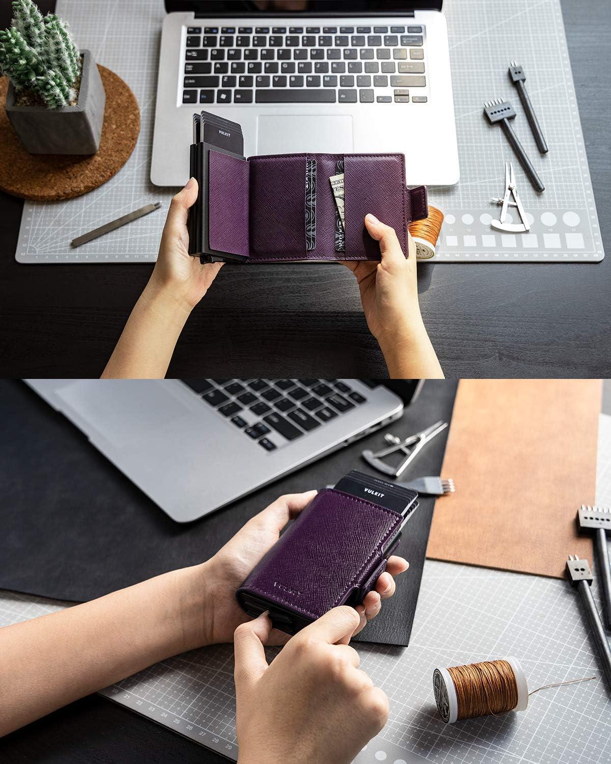 image:imageVULKIT Credit Card Holder RFID Blocking Leather Automatic Pop Up Wallet Magnetic Wallet Double Card Case for Men and WomenCross Wine