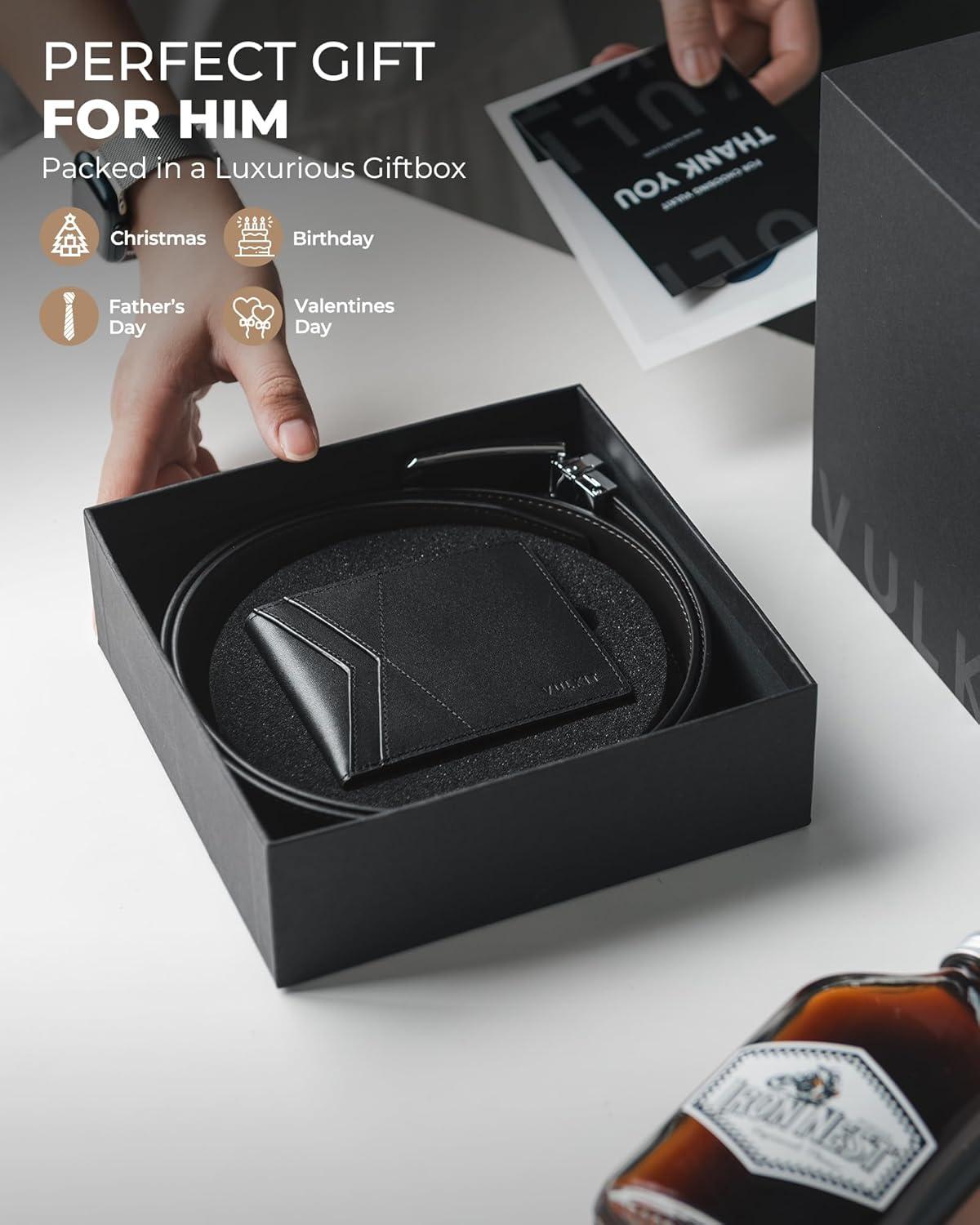 image:imageVULKIT Genuine Leather Reversible Belt amp Slim Bifold Wallet Luxury Gift Set Black amp Dark Brown Combo