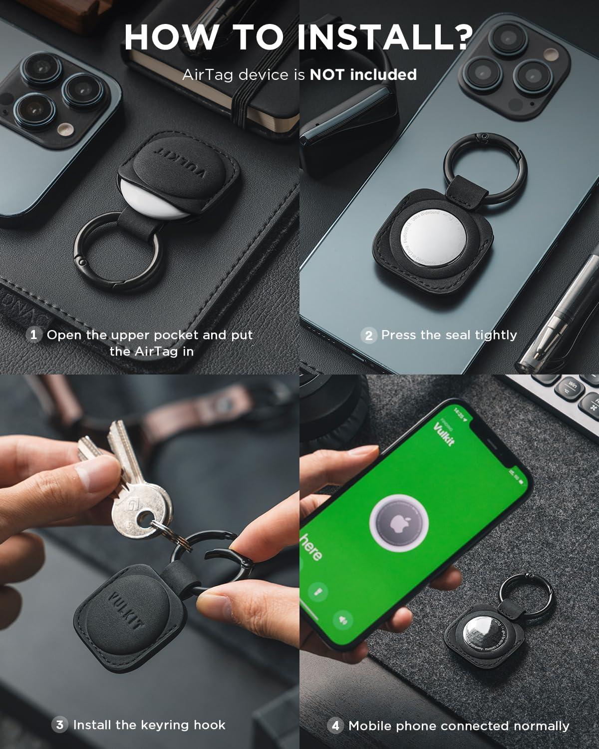 image:imageVULKIT Keychain Compatible for Apple Airtag Leather Protective Case with Keychain Holder Airtag Accessories for Key or LungageChampagneBlack