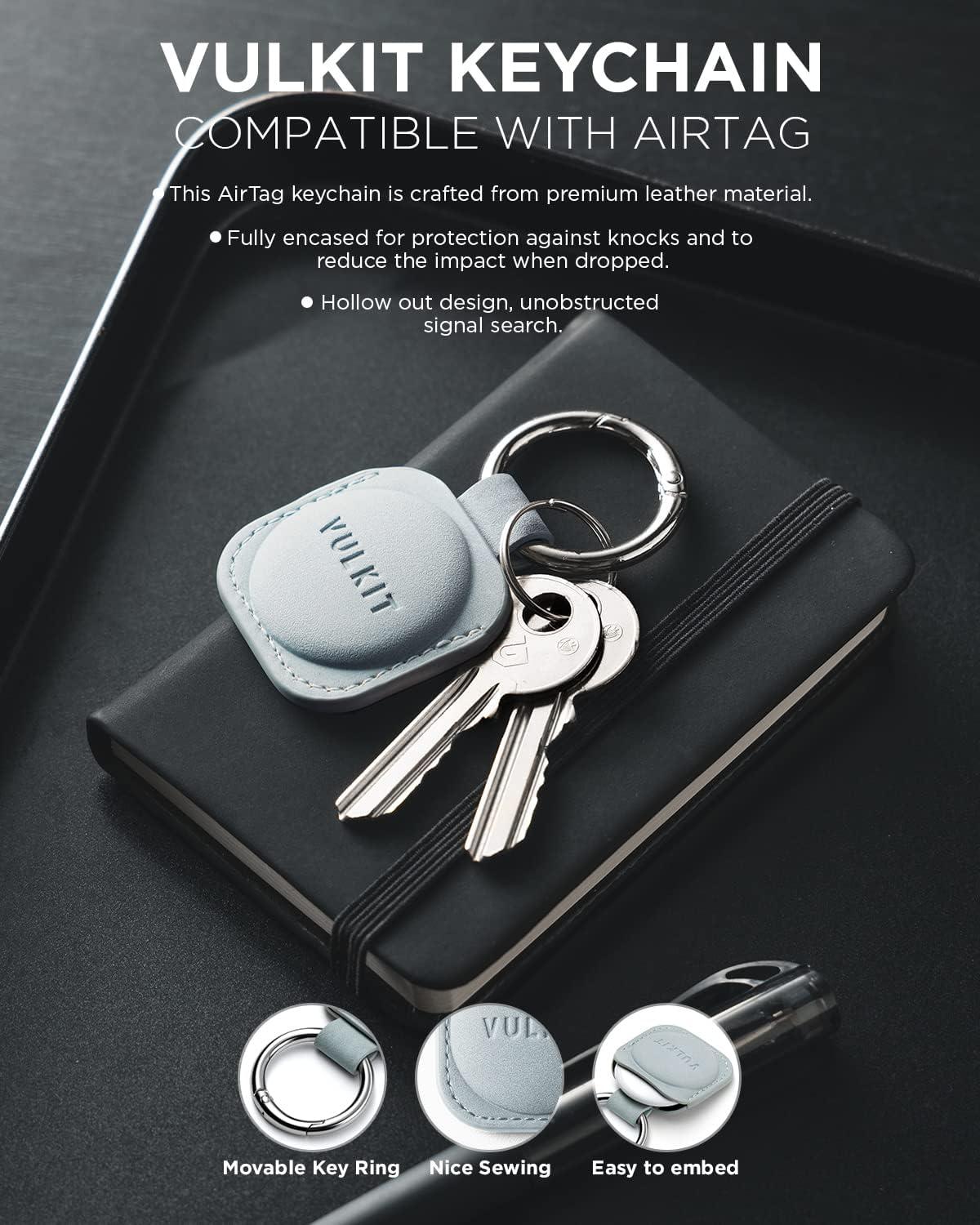 image:imageVULKIT Keychain Compatible for Apple Airtag Leather Protective Case with Keychain Holder Airtag Accessories for Key or LungageChampagneBlue