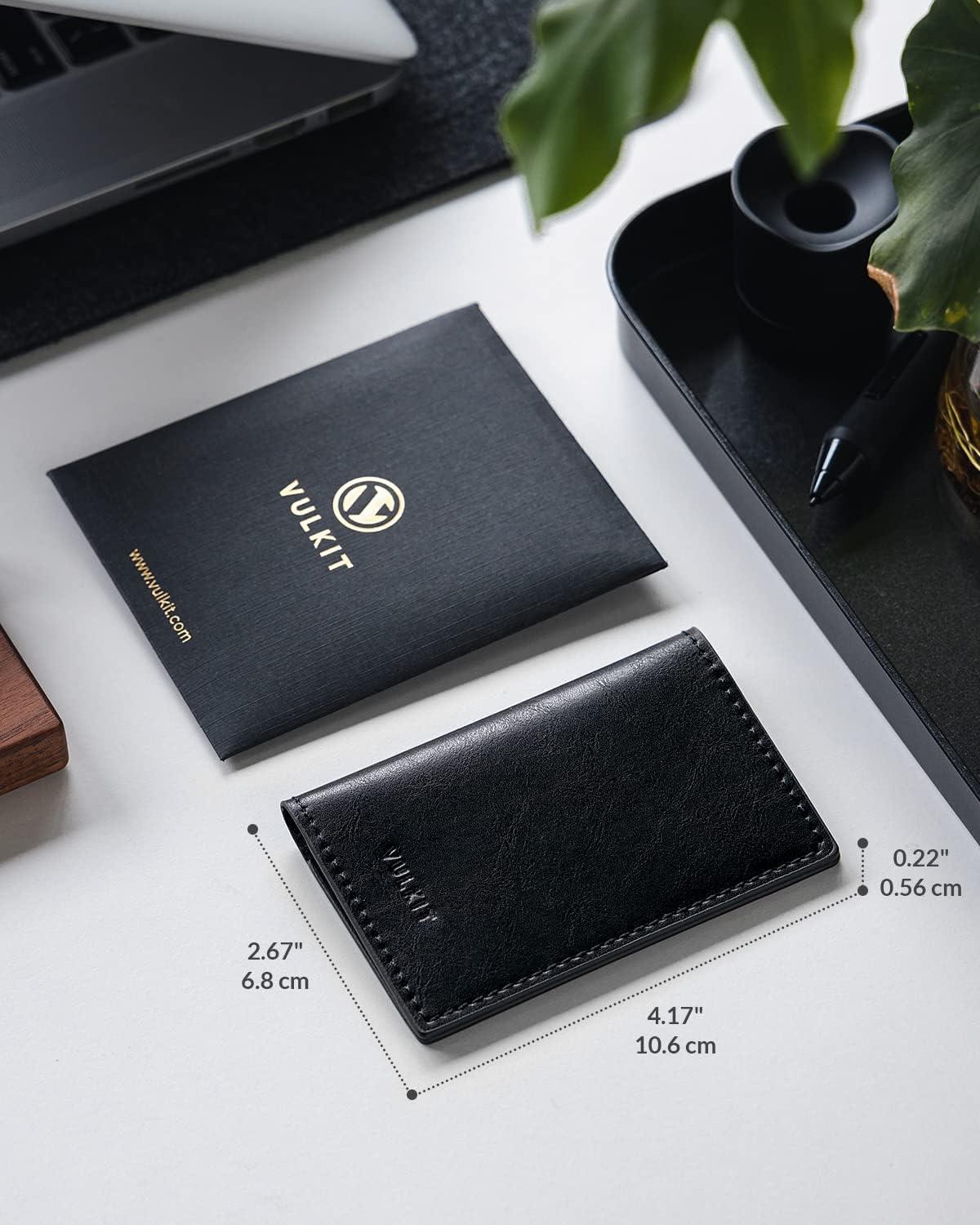 image:imageVULKIT Leather Business Card Holder 2 Sided Slim Business Name Card Organizer for Men or Women Nappa NavyBlack
