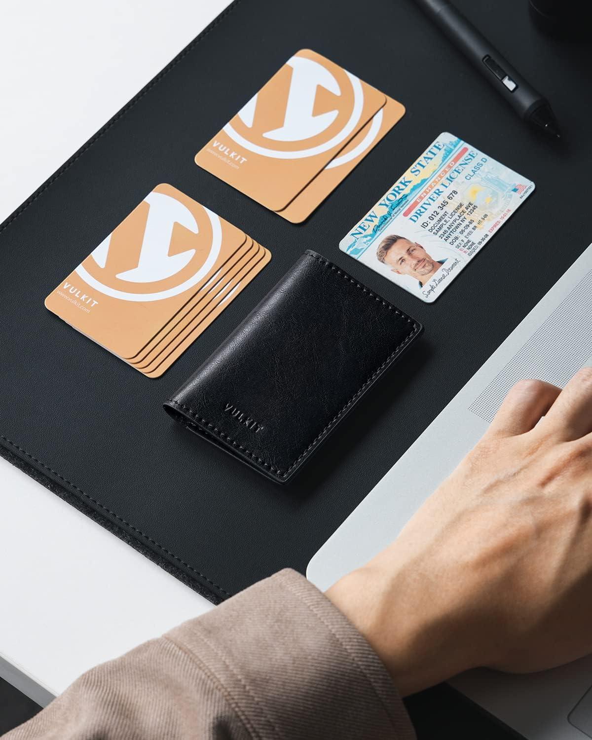 image:imageVULKIT Leather Business Card Holder 2 Sided Slim Business Name Card Organizer for Men or Women Nappa NavyBlack