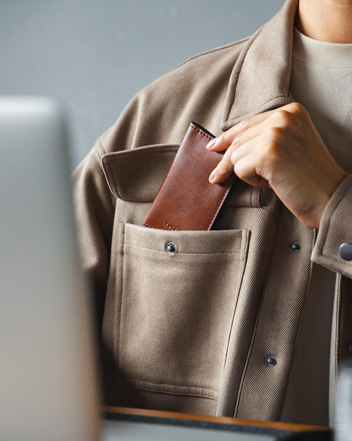 image:imageVULKIT Leather Business Card Holder 2 Sided Slim Business Name Card Organizer for Men or Women Nappa NavyBrown