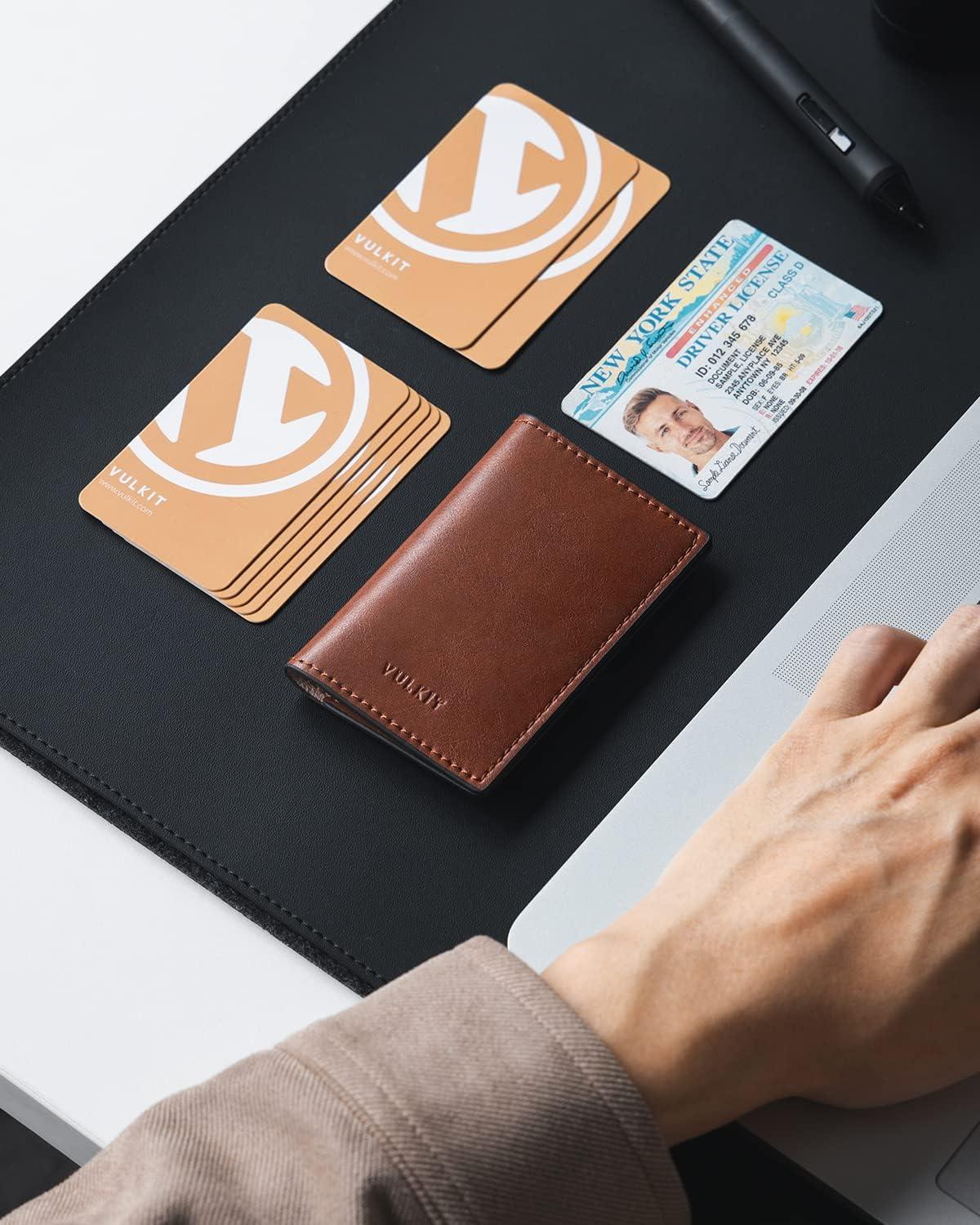image:imageVULKIT Leather Business Card Holder 2 Sided Slim Business Name Card Organizer for Men or Women Nappa NavyBrown