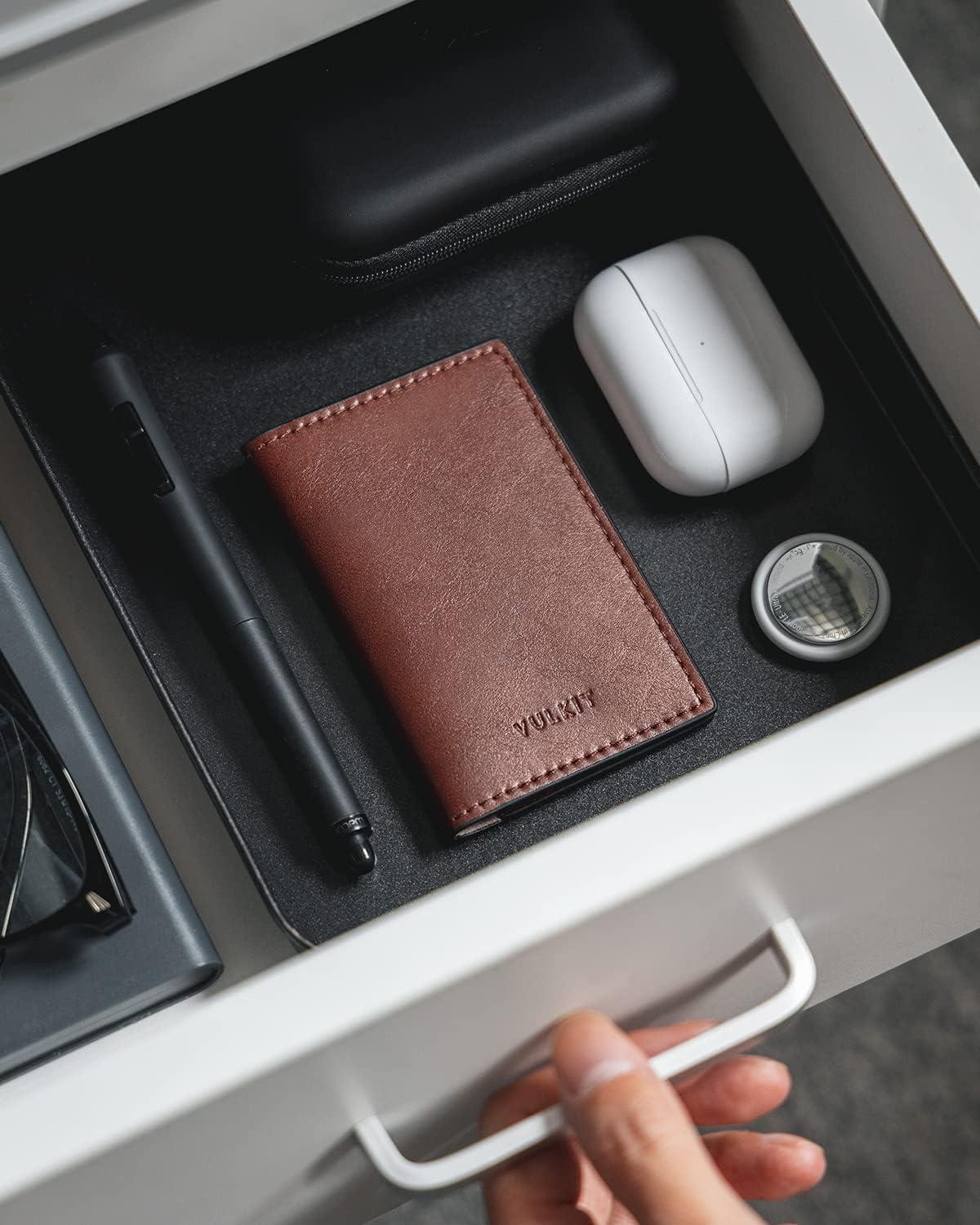 image:imageVULKIT Leather Business Card Holder 2 Sided Slim Business Name Card Organizer for Men or Women Nappa NavyBrown