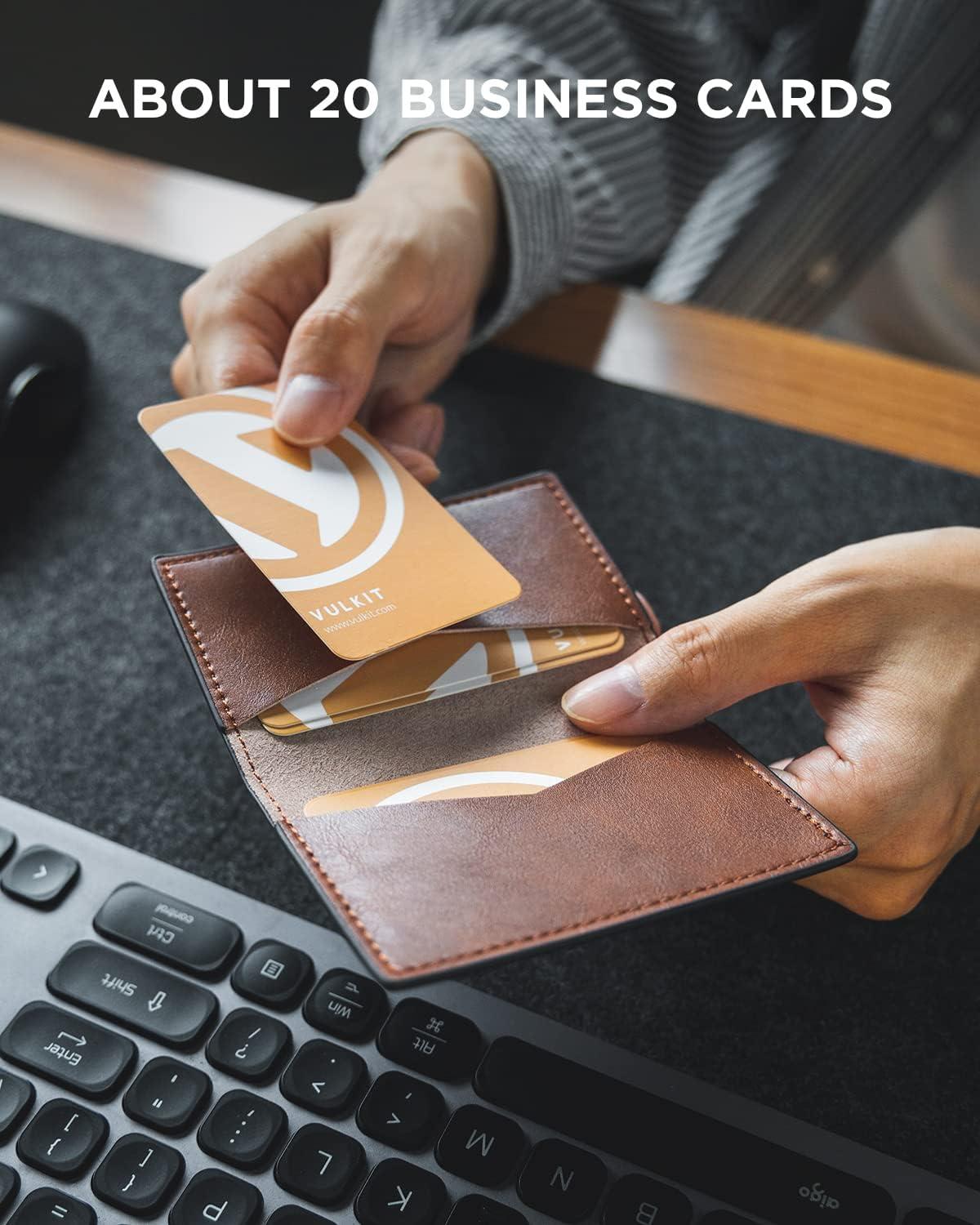 image:imageVULKIT Leather Business Card Holder 2 Sided Slim Business Name Card Organizer for Men or Women Nappa NavyBrown