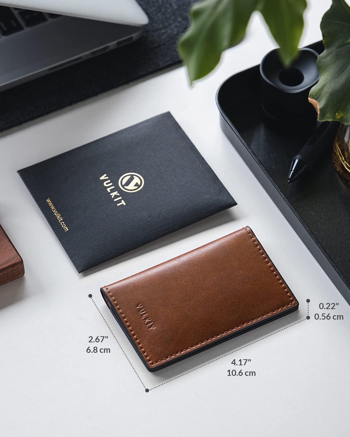 image:imageVULKIT Leather Business Card Holder 2 Sided Slim Business Name Card Organizer for Men or Women Nappa NavyBrown