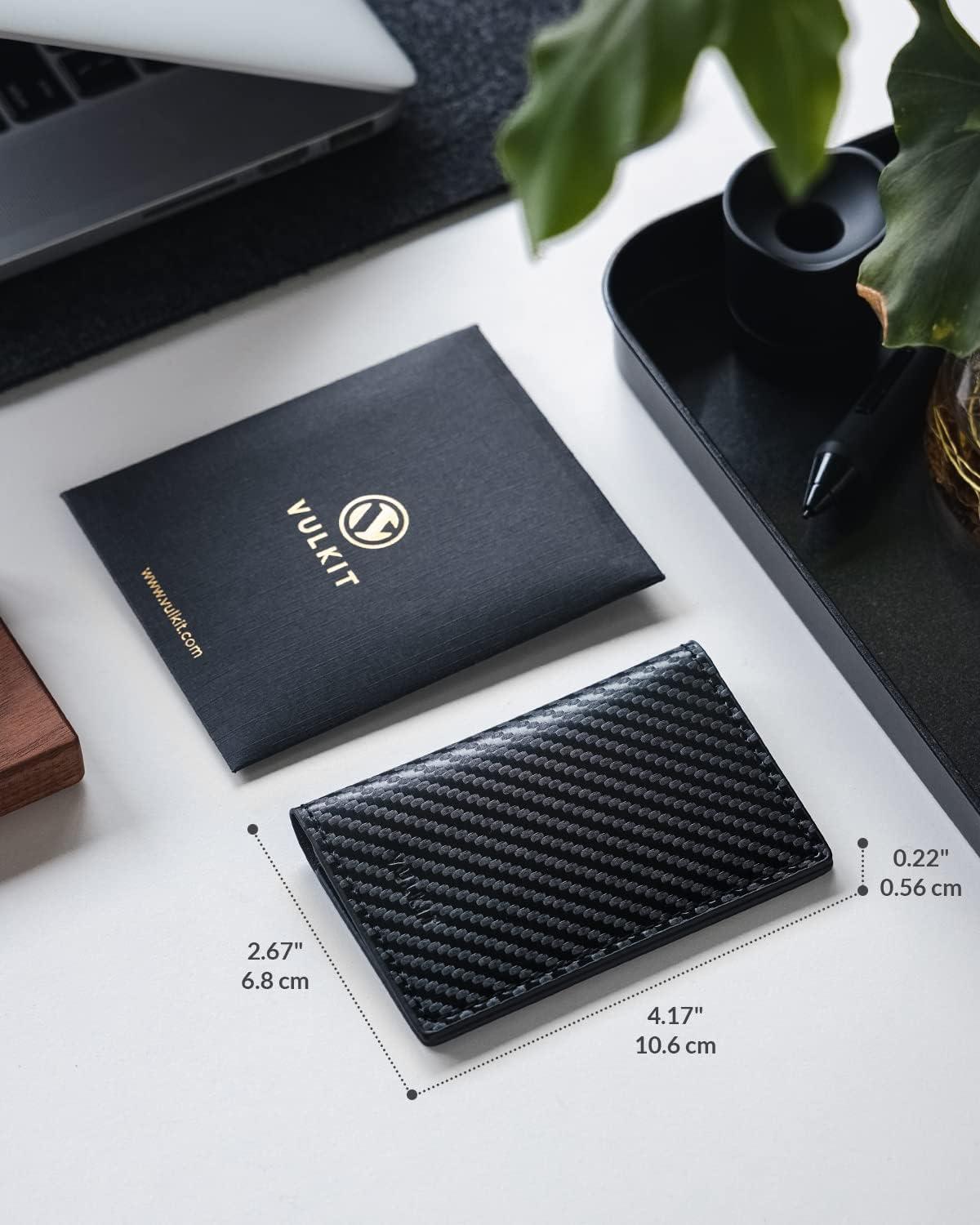image:imageVULKIT Leather Business Card Holder 2 Sided Slim Business Name Card Organizer for Men or Women Nappa NavyCarbon Black