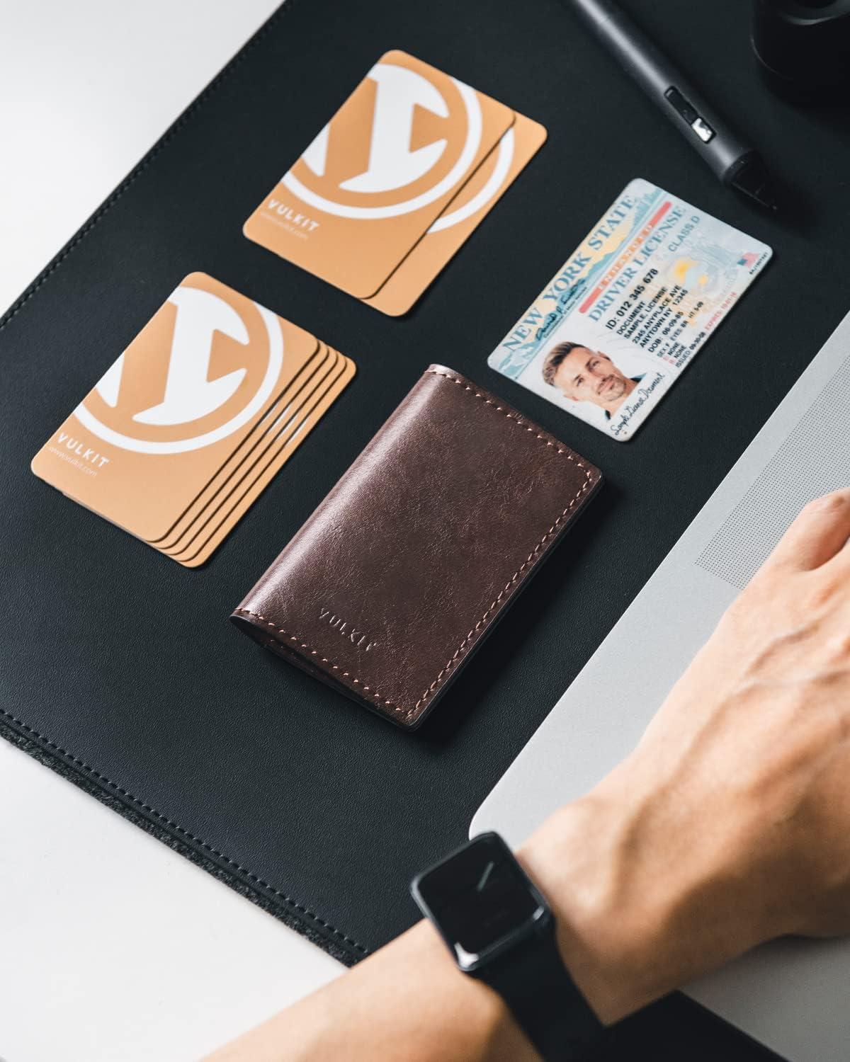 image:imageVULKIT Leather Business Card Holder 2 Sided Slim Business Name Card Organizer for Men or Women Nappa NavyEspresso