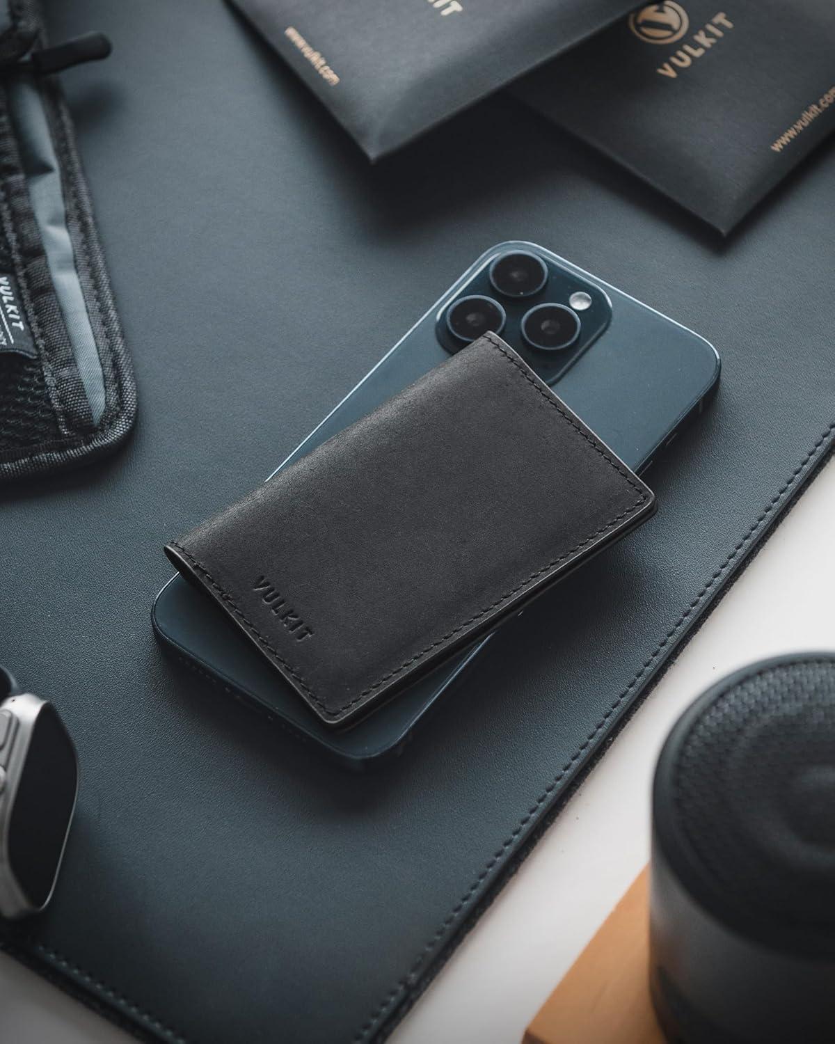 image:imageVULKIT Leather Business Card Holder 2 Sided Slim Business Name Card Organizer for Men or Women Nappa NavyGenuine Black