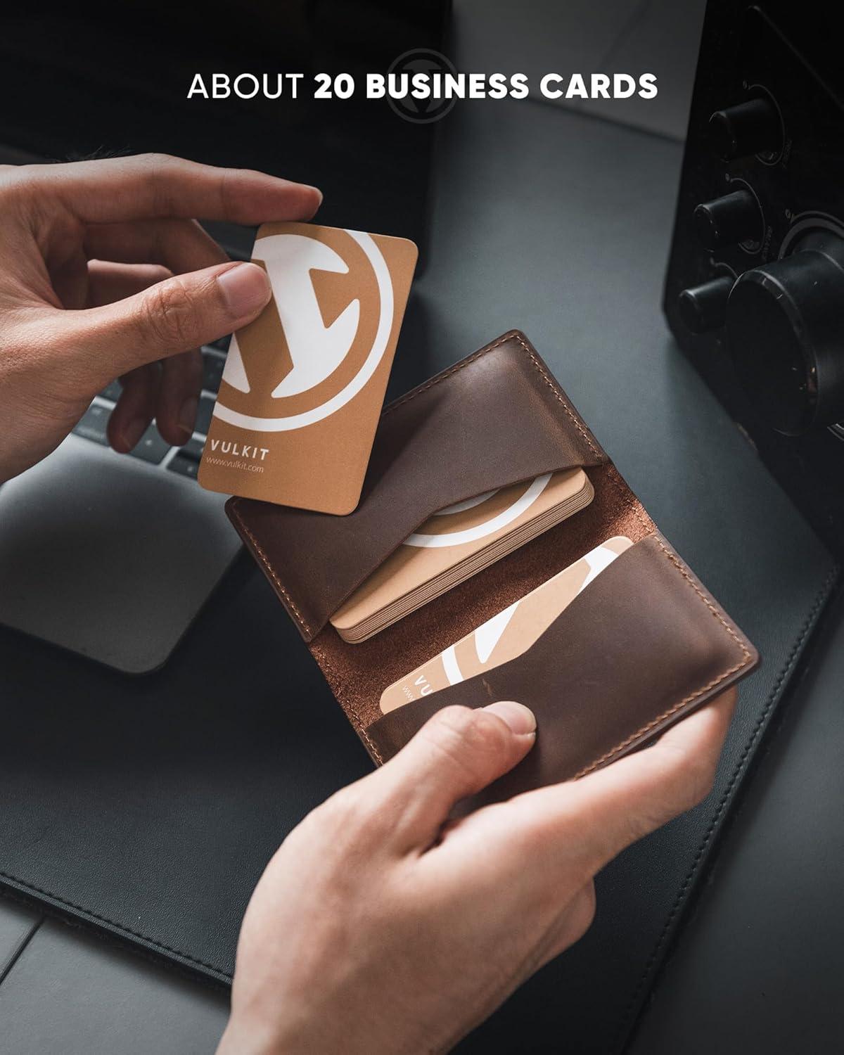 image:imageVULKIT Leather Business Card Holder 2 Sided Slim Business Name Card Organizer for Men or Women Nappa NavyGenuine Dark Brown