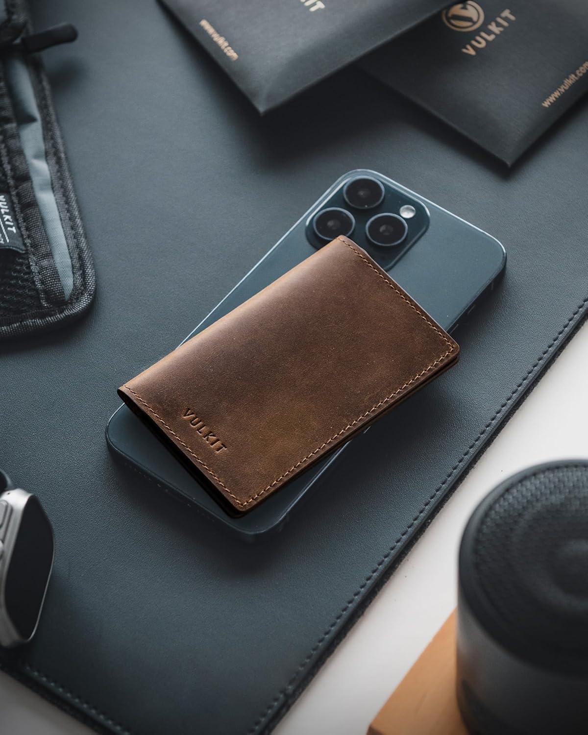 image:imageVULKIT Leather Business Card Holder 2 Sided Slim Business Name Card Organizer for Men or Women Nappa NavyGenuine Dark Brown