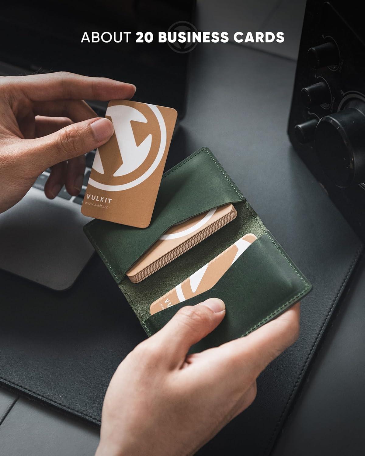 image:imageVULKIT Leather Business Card Holder 2 Sided Slim Business Name Card Organizer for Men or Women Nappa NavyGenuine Green