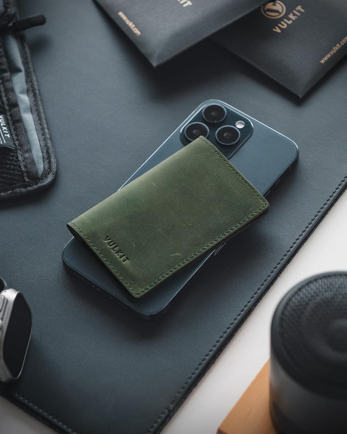 image:imageVULKIT Leather Business Card Holder 2 Sided Slim Business Name Card Organizer for Men or Women Nappa NavyGenuine Green