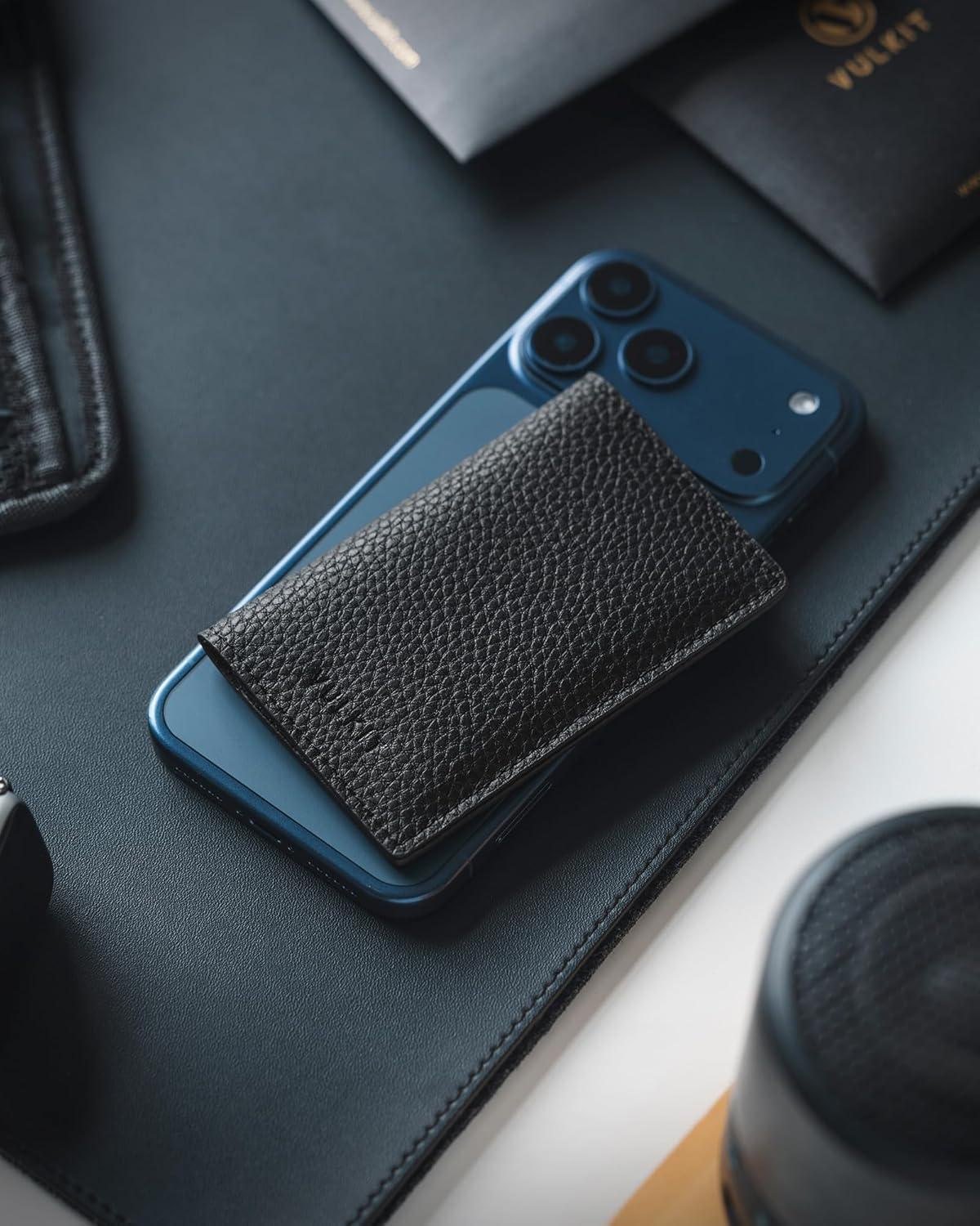 image:imageVULKIT Leather Business Card Holder 2 Sided Slim Business Name Card Organizer for Men or Women Nappa NavyLitchi Black