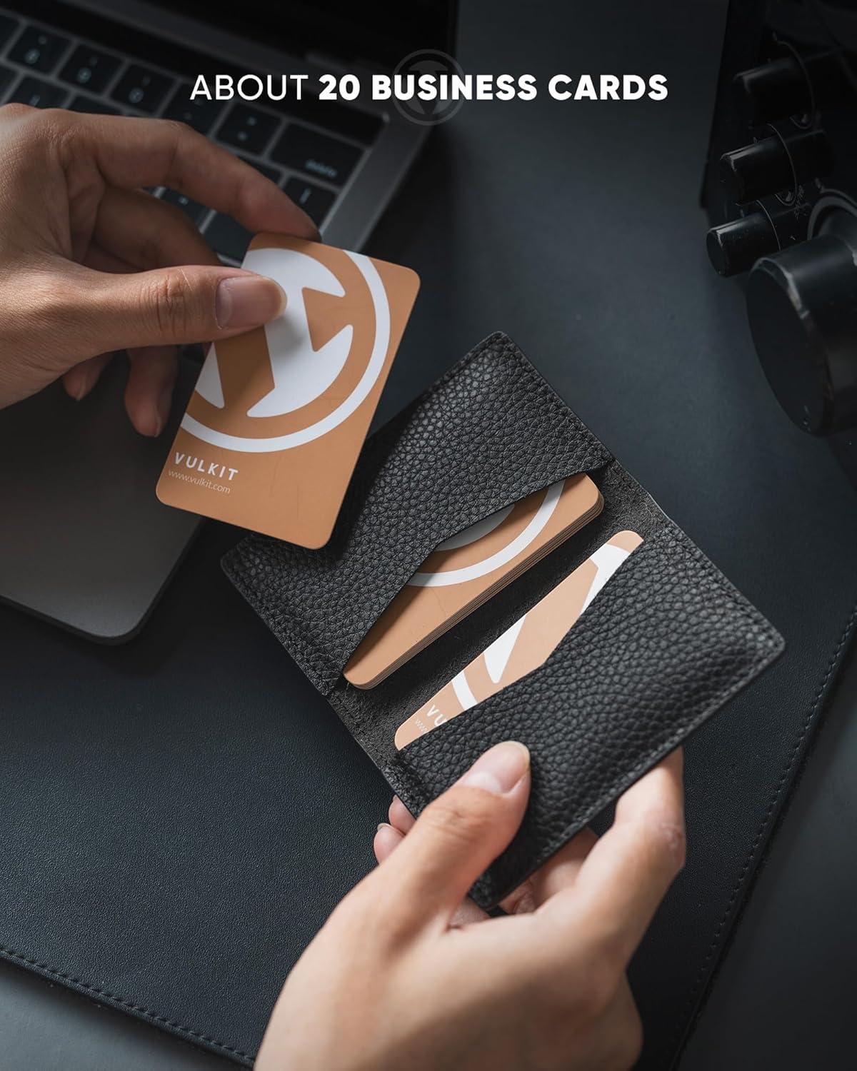 image:imageVULKIT Leather Business Card Holder 2 Sided Slim Business Name Card Organizer for Men or Women Nappa NavyLitchi Black