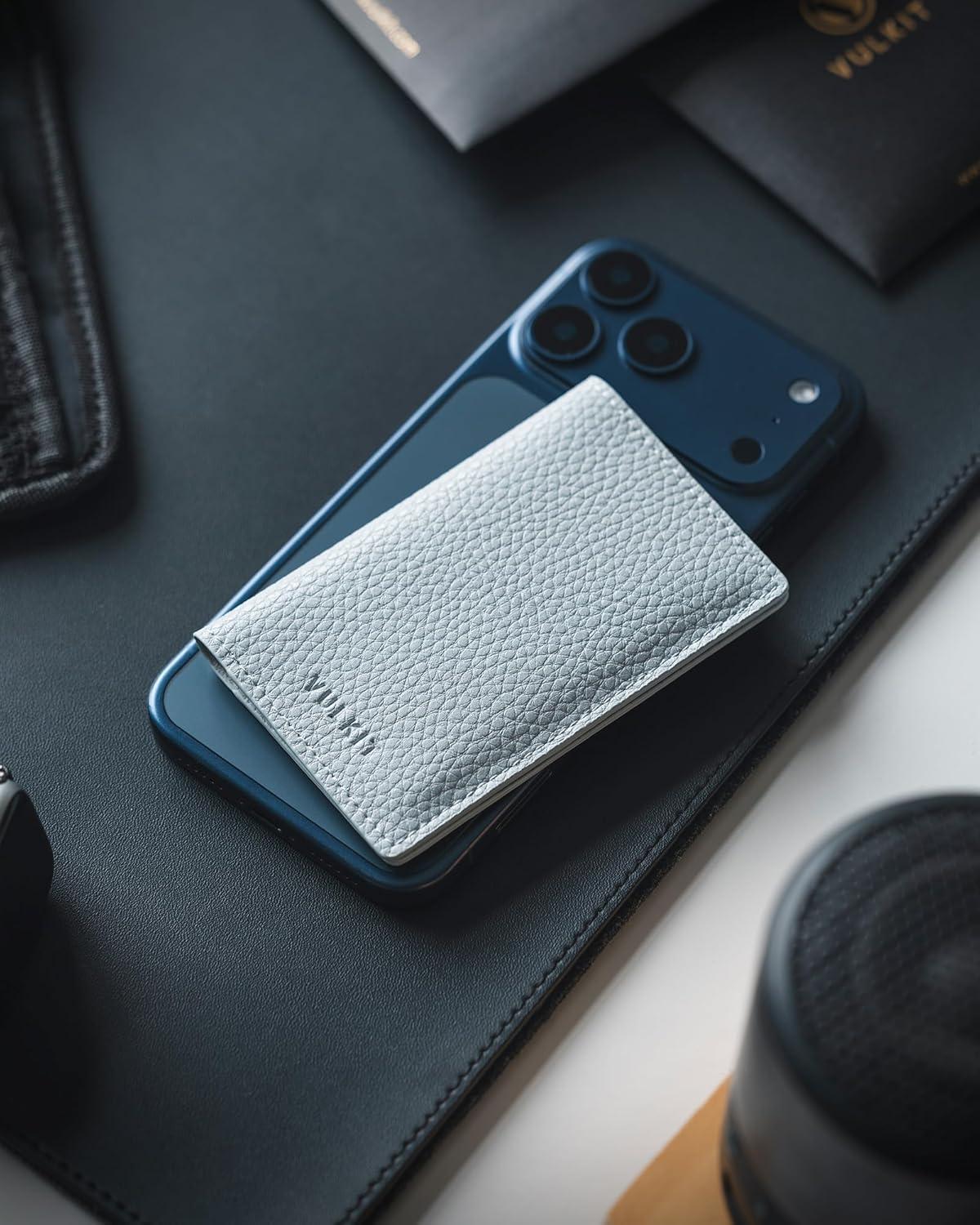 image:imageVULKIT Leather Business Card Holder 2 Sided Slim Business Name Card Organizer for Men or Women Nappa NavyLitchi Blue