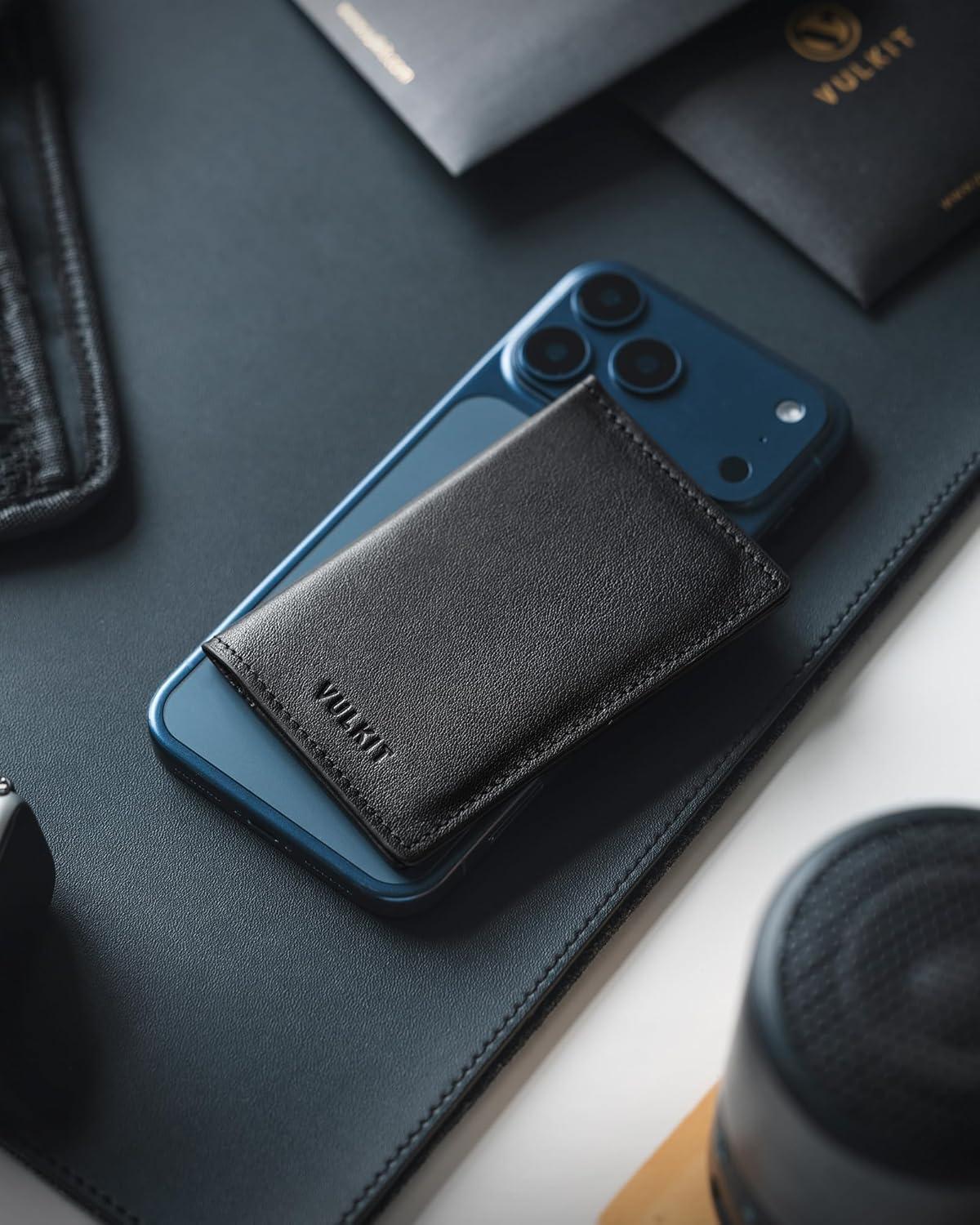 image:imageVULKIT Leather Business Card Holder 2 Sided Slim Business Name Card Organizer for Men or Women Nappa NavyNappa Black
