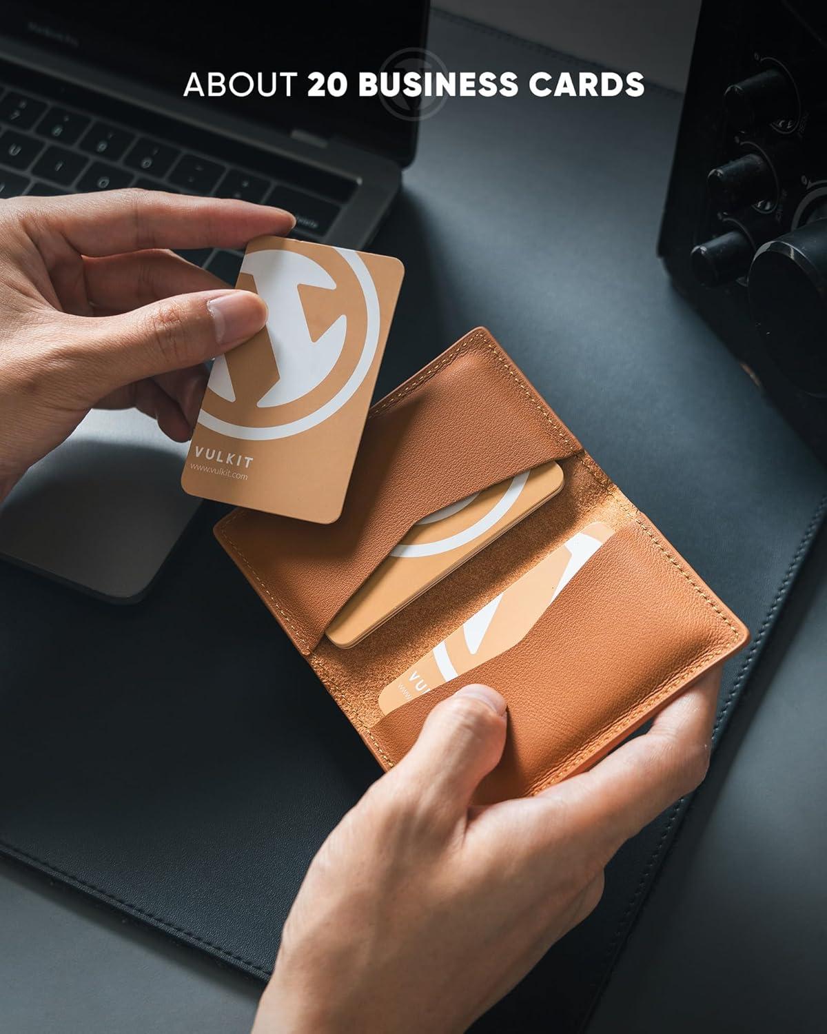 image:imageVULKIT Leather Business Card Holder 2 Sided Slim Business Name Card Organizer for Men or Women Nappa NavyNappa Brown