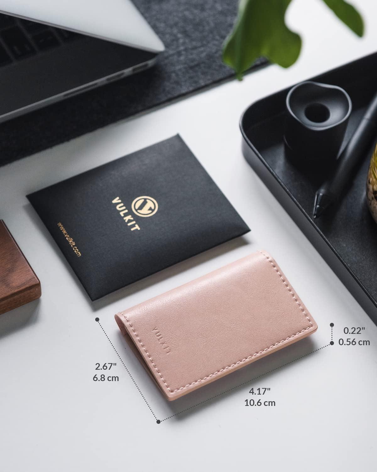 image:imageVULKIT Leather Business Card Holder 2 Sided Slim Business Name Card Organizer for Men or Women Nappa NavyRose