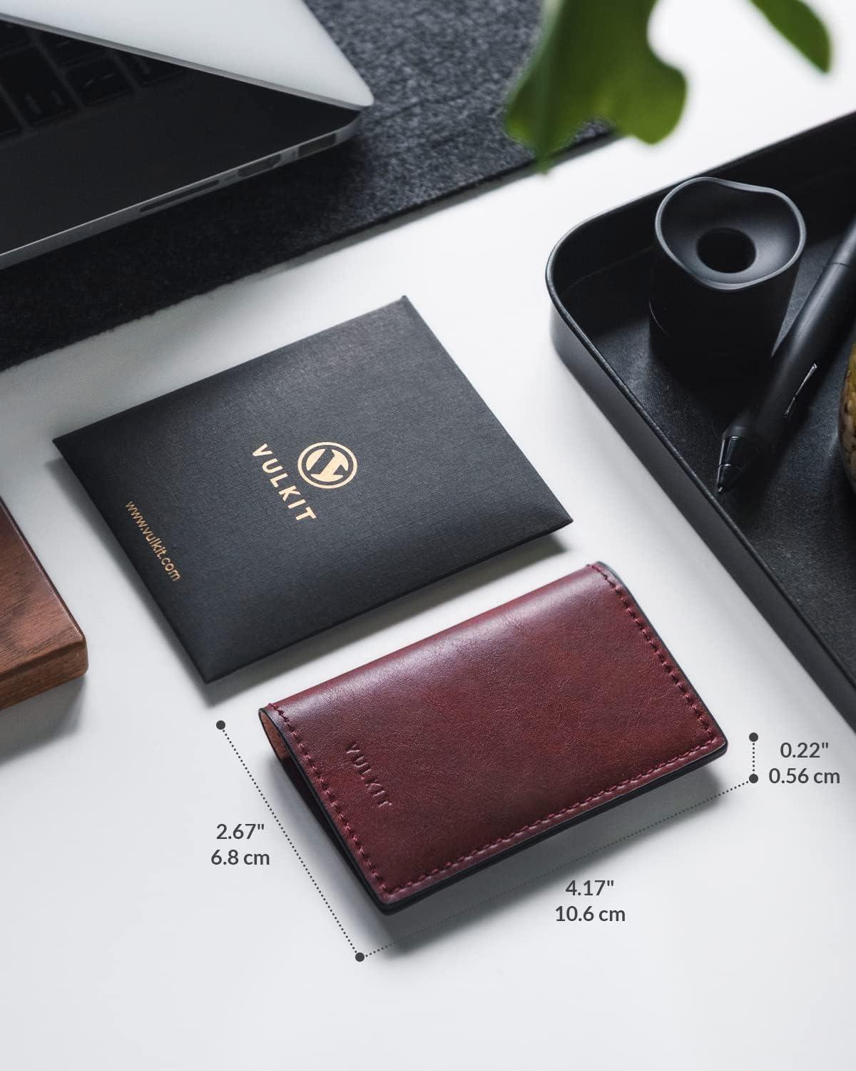 image:imageVULKIT Leather Business Card Holder 2 Sided Slim Business Name Card Organizer for Men or Women Nappa NavyWine