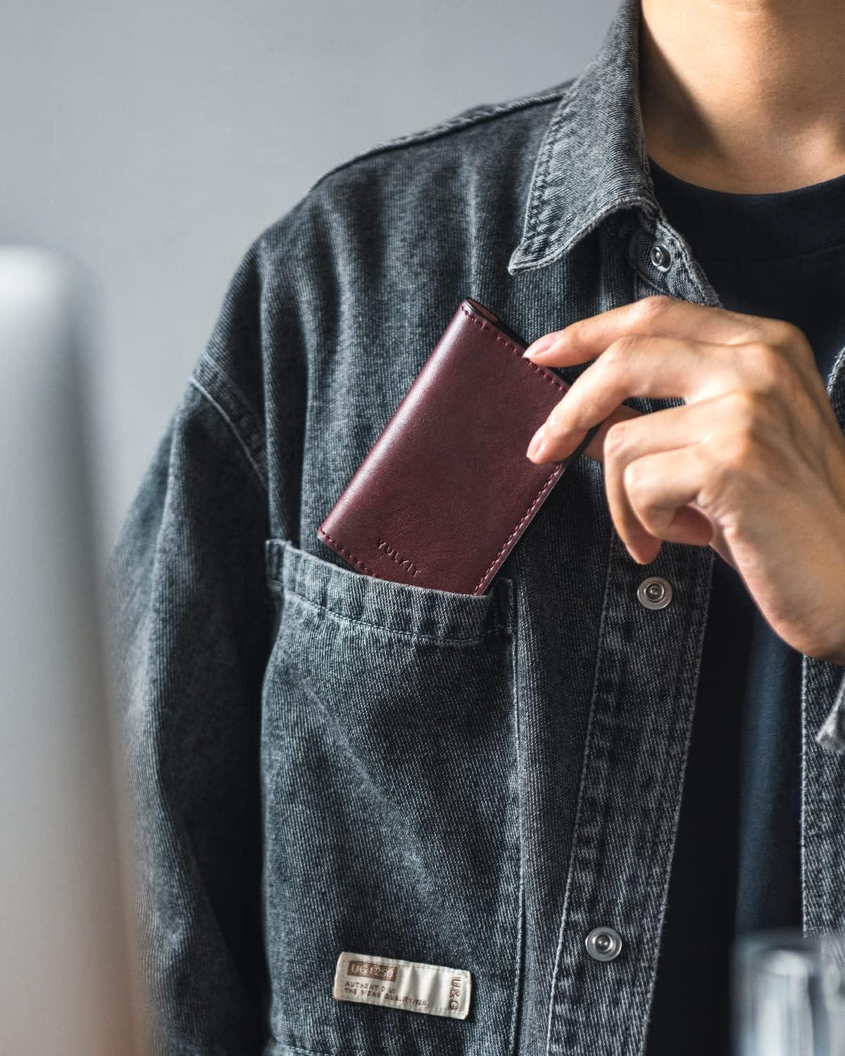 image:imageVULKIT Leather Business Card Holder 2 Sided Slim Business Name Card Organizer for Men or Women Nappa NavyWine