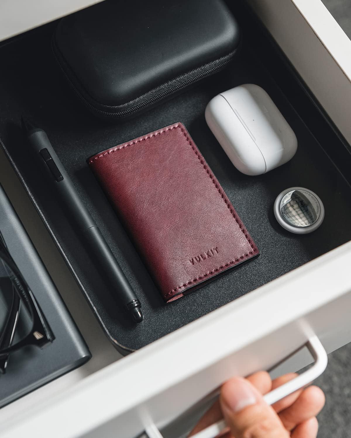 image:imageVULKIT Leather Business Card Holder 2 Sided Slim Business Name Card Organizer for Men or Women Nappa NavyWine