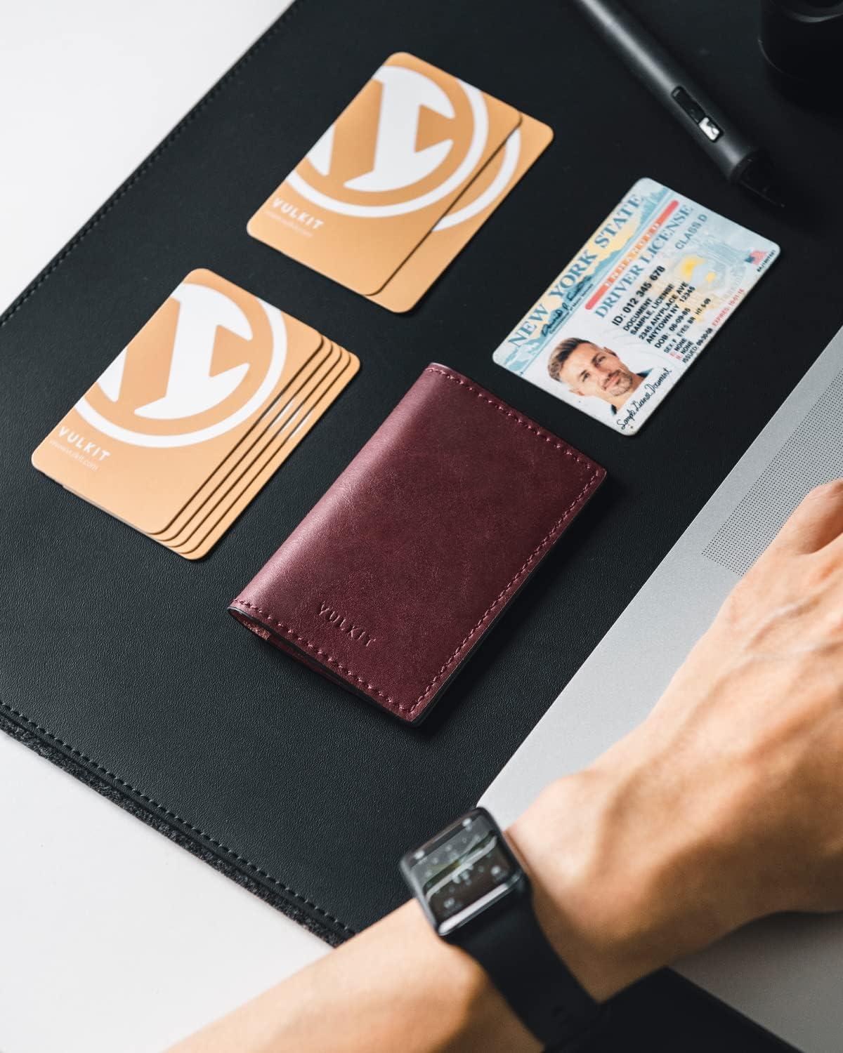 image:imageVULKIT Leather Business Card Holder 2 Sided Slim Business Name Card Organizer for Men or Women Nappa NavyWine