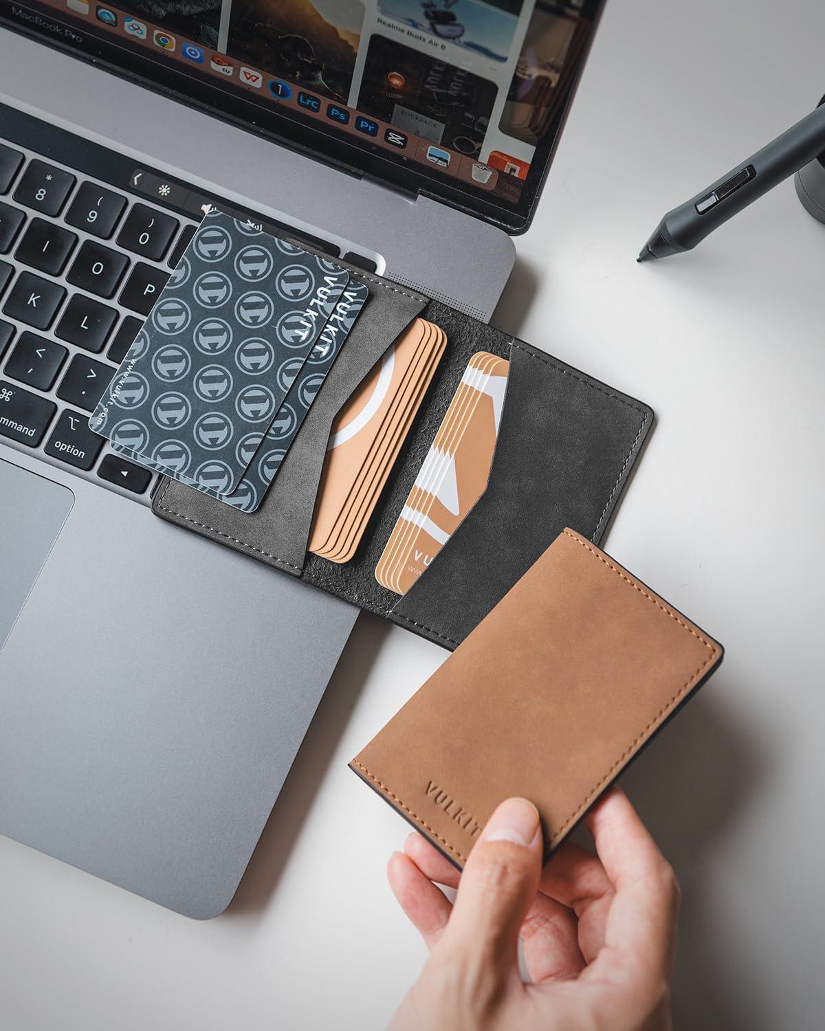 image:imageVULKIT Leather Business Card Holder 2 Sided Slim Business Name Card Organizer for Men or Women Nappa NavyYangba Grey