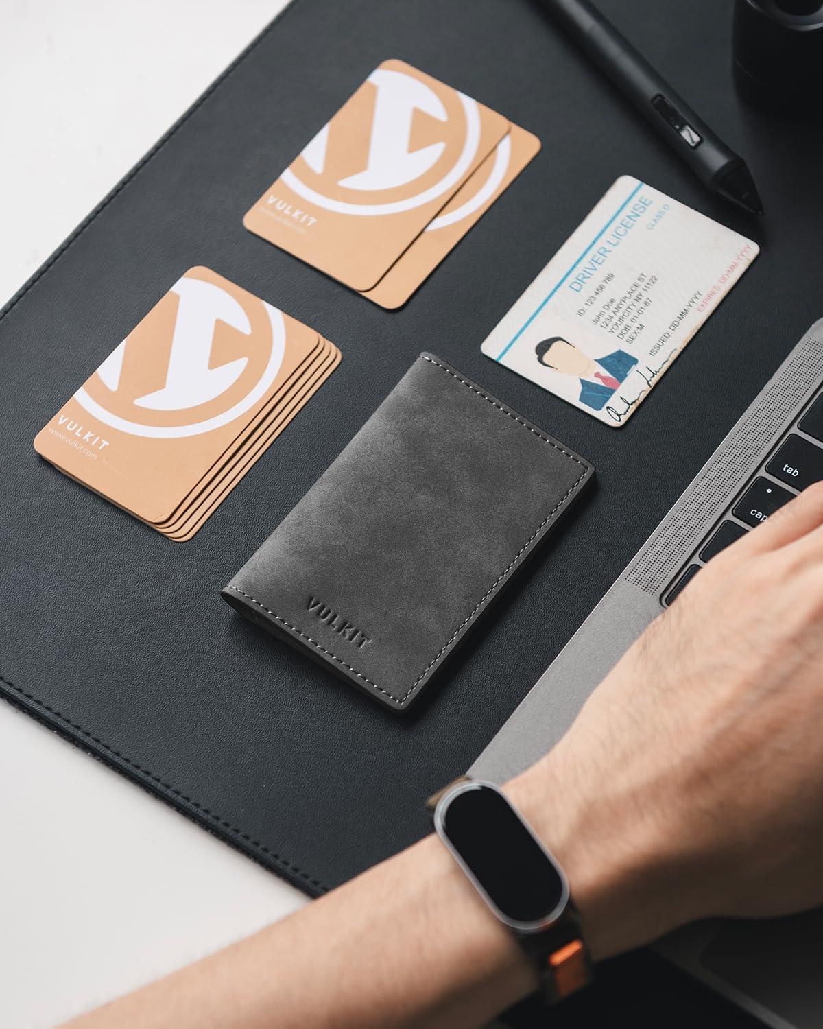 image:imageVULKIT Leather Business Card Holder 2 Sided Slim Business Name Card Organizer for Men or Women Nappa NavyYangba Grey