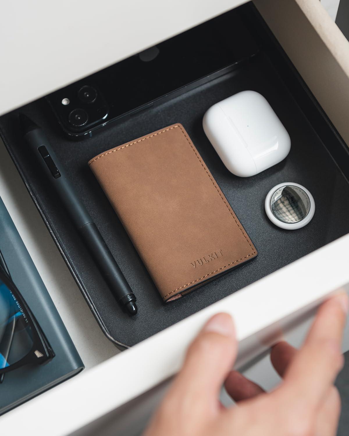 image:imageVULKIT Leather Business Card Holder 2 Sided Slim Business Name Card Organizer for Men or Women Nappa NavyYangba LightBrown
