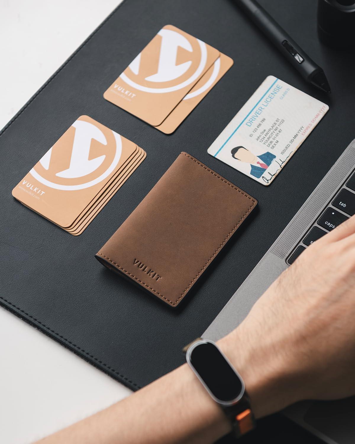 image:imageVULKIT Leather Business Card Holder 2 Sided Slim Business Name Card Organizer for Men or Women Nappa NavyYangba LightBrown