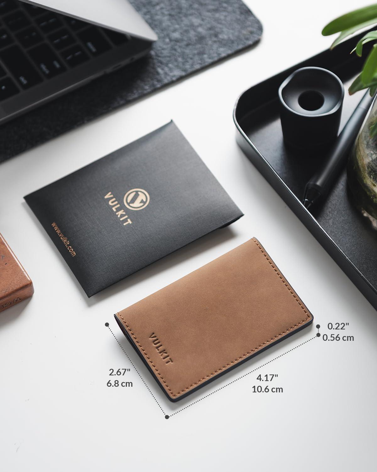 image:imageVULKIT Leather Business Card Holder 2 Sided Slim Business Name Card Organizer for Men or Women Nappa NavyYangba LightBrown