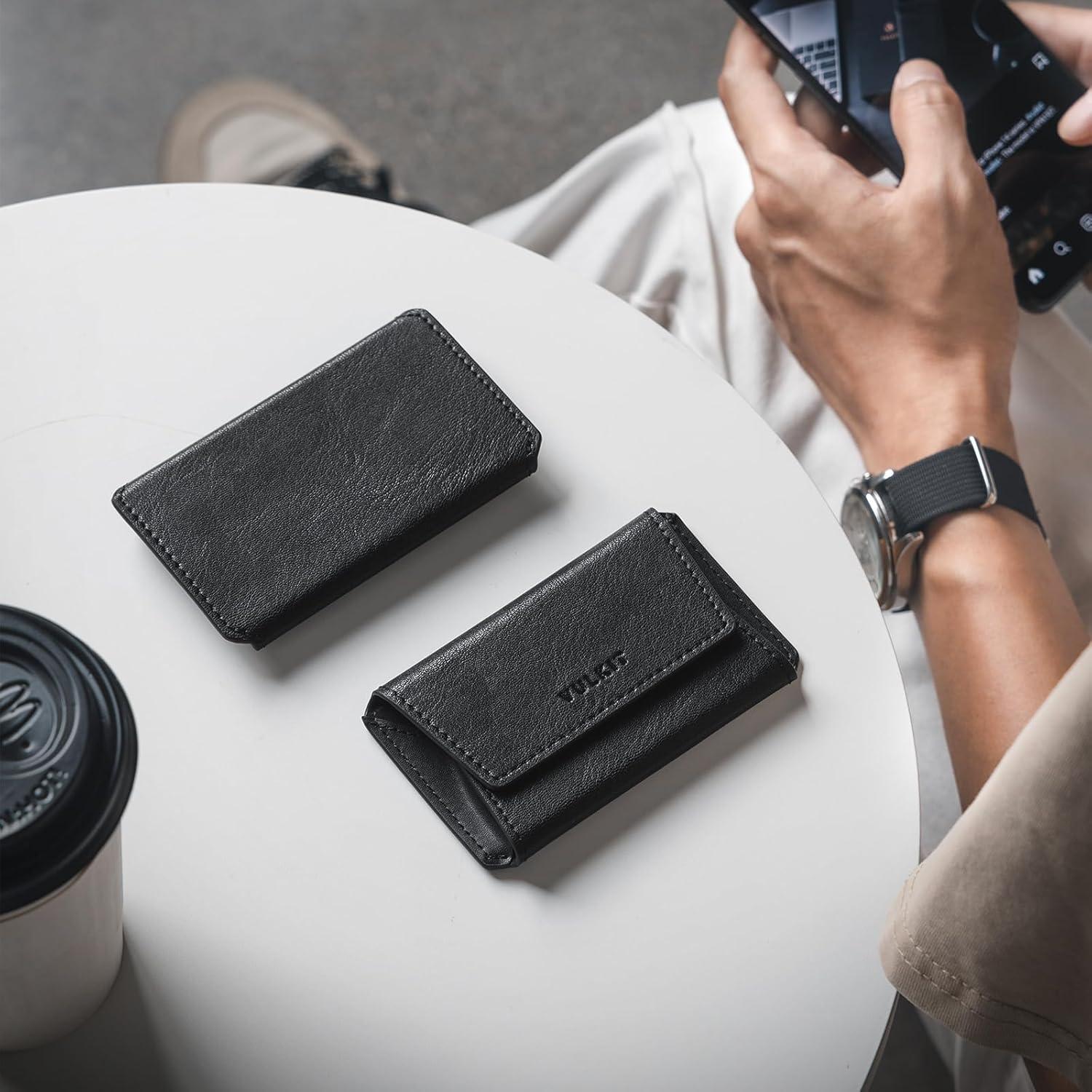 image:imageVULKIT Leather Business Card Holder Case for Men Slim Pocket Business Card Wallet Name Card Case Holder Holds 20 Business Cards BlackBlack