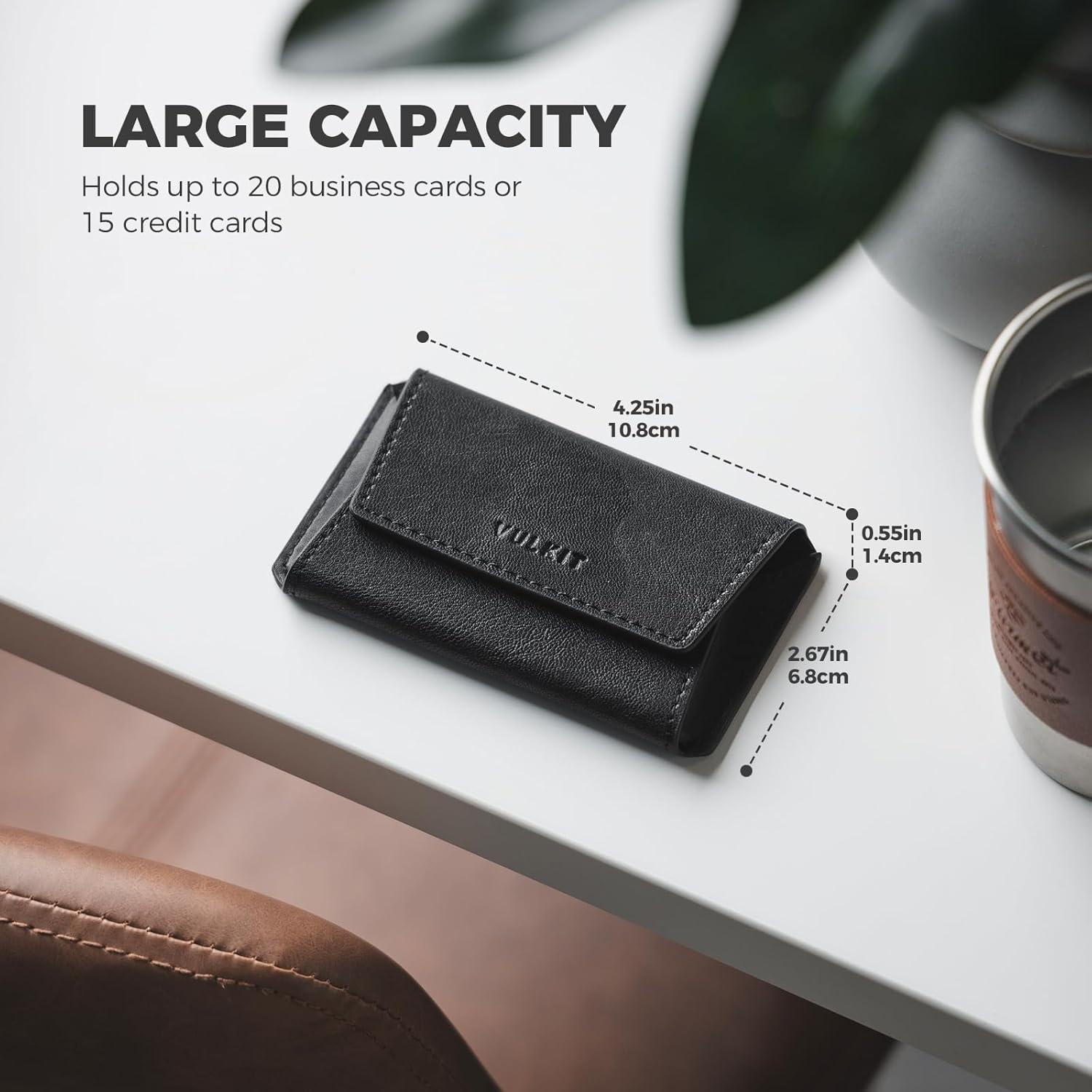 image:imageVULKIT Leather Business Card Holder Case for Men Slim Pocket Business Card Wallet Name Card Case Holder Holds 20 Business Cards BlackBlack