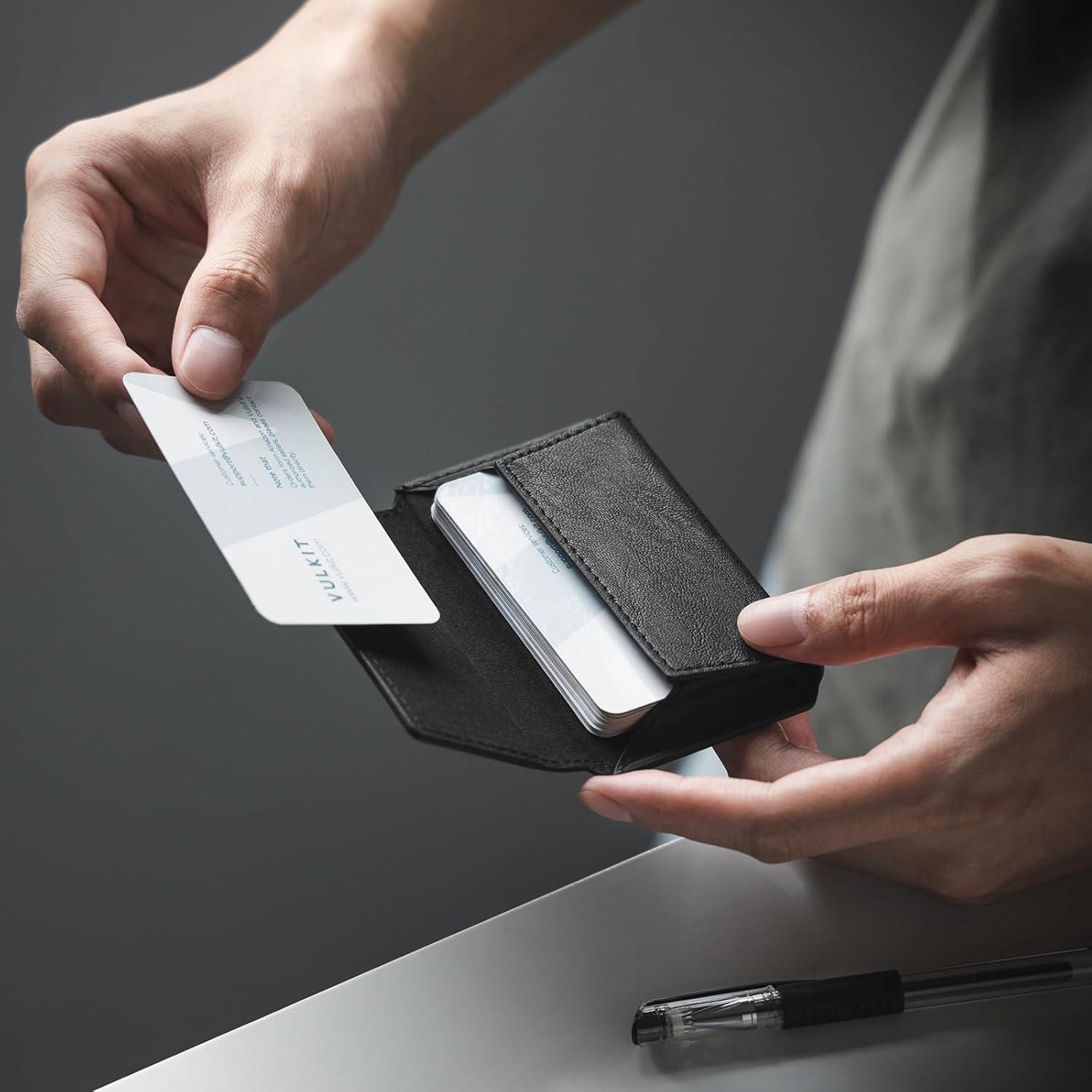 image:imageVULKIT Leather Business Card Holder Case for Men Slim Pocket Business Card Wallet Name Card Case Holder Holds 20 Business Cards BlackBlack