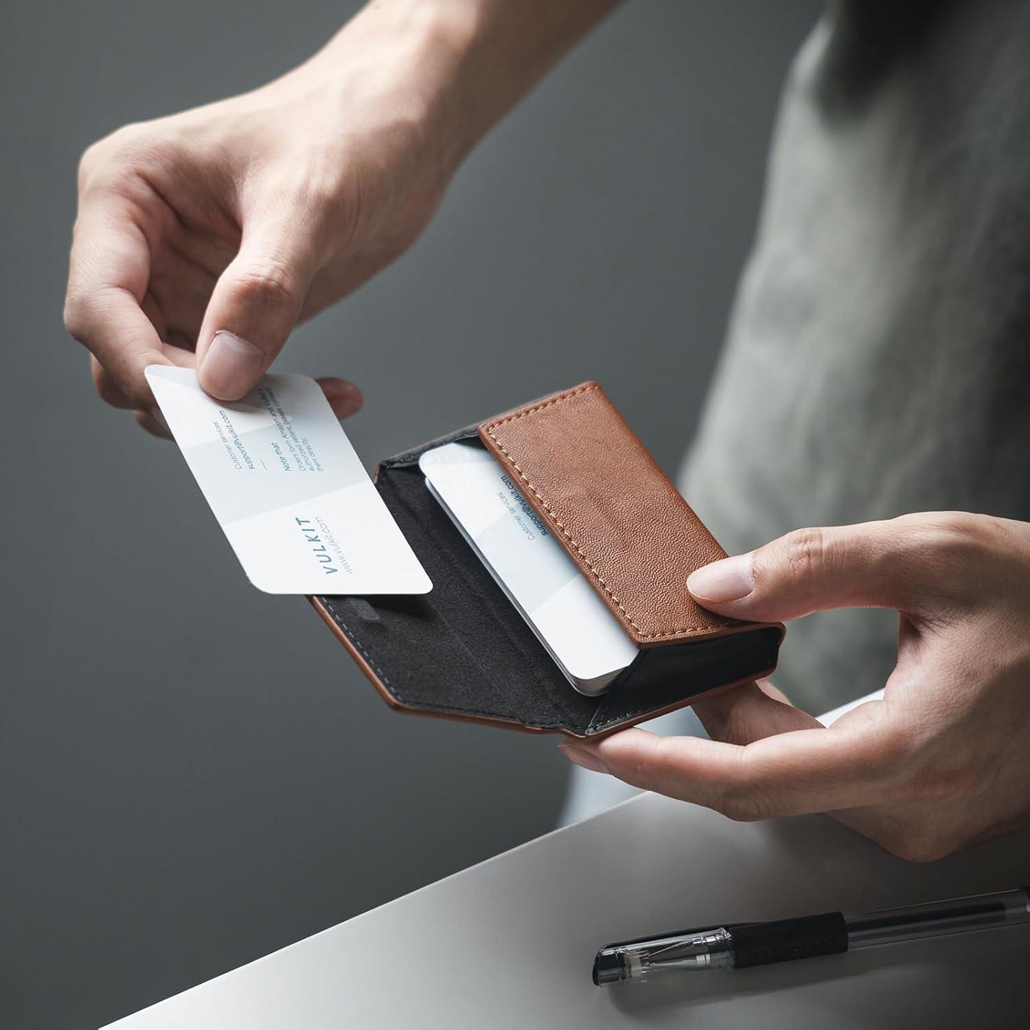 image:imageVULKIT Leather Business Card Holder Case for Men Slim Pocket Business Card Wallet Name Card Case Holder Holds 20 Business Cards BlackBrown