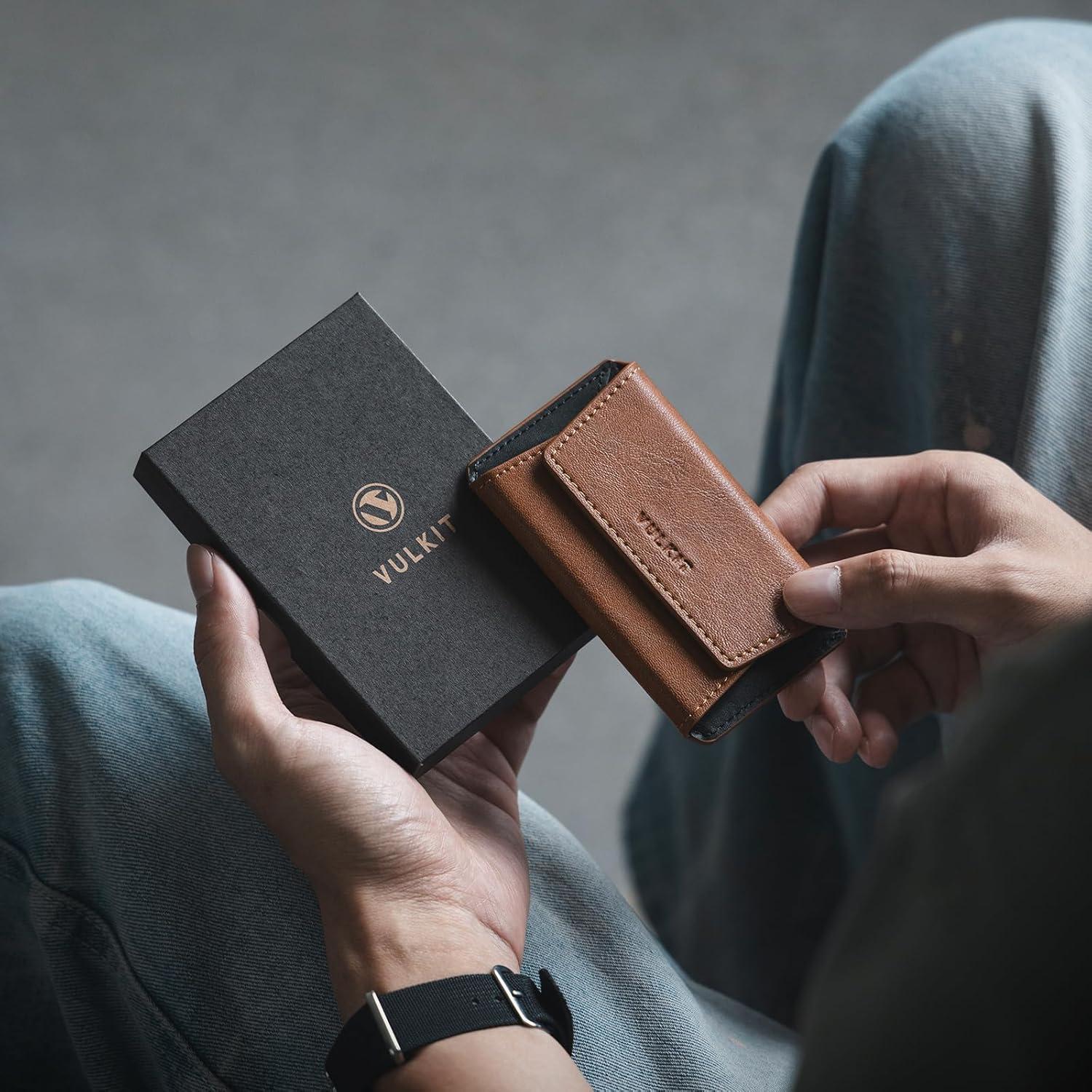 image:imageVULKIT Leather Business Card Holder Case for Men Slim Pocket Business Card Wallet Name Card Case Holder Holds 20 Business Cards BlackBrown