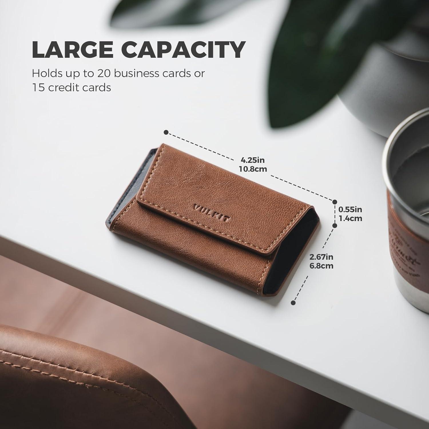 image:imageVULKIT Leather Business Card Holder Case for Men Slim Pocket Business Card Wallet Name Card Case Holder Holds 20 Business Cards BlackBrown
