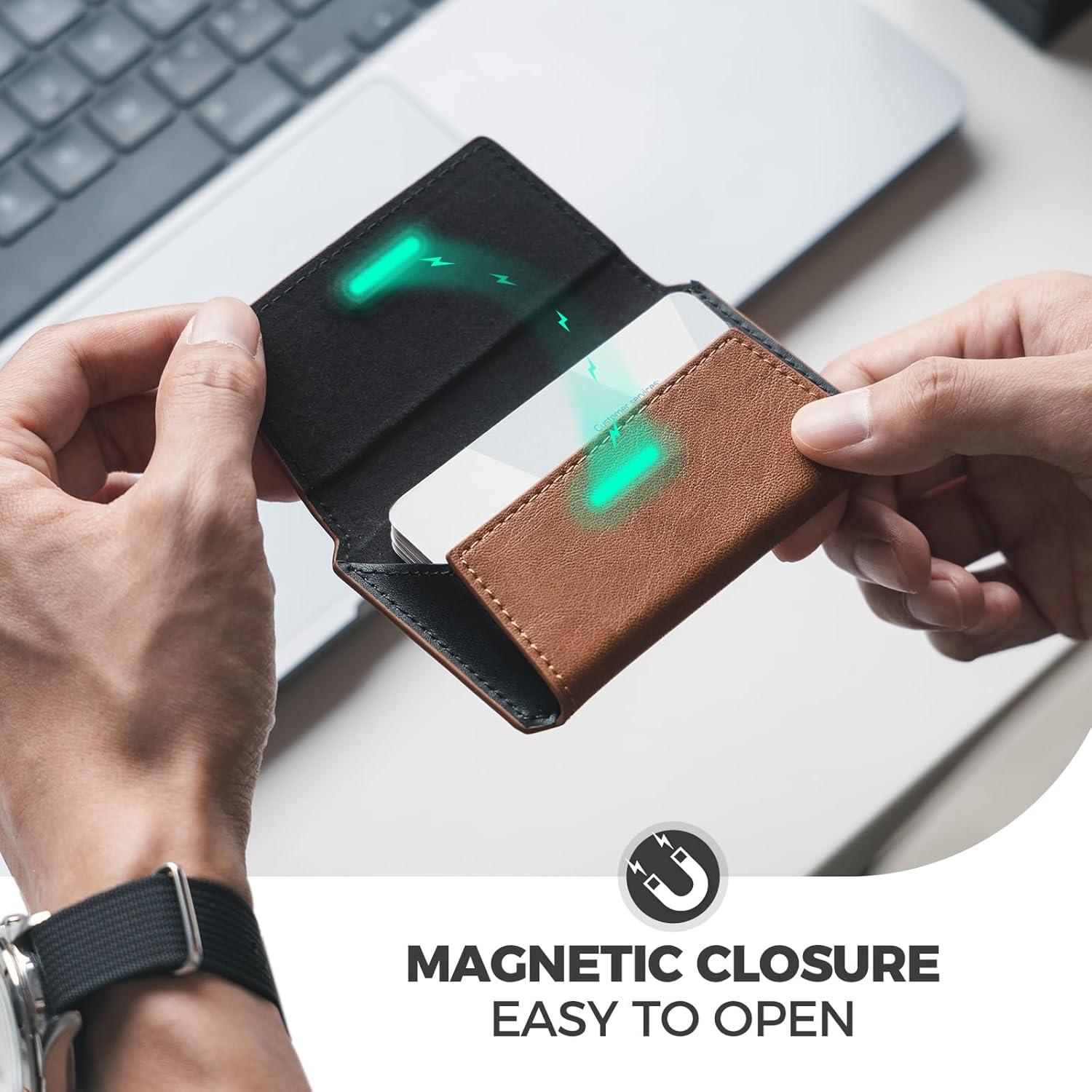 image:imageVULKIT Leather Business Card Holder Case for Men Slim Pocket Business Card Wallet Name Card Case Holder Holds 20 Business Cards BlackBrown