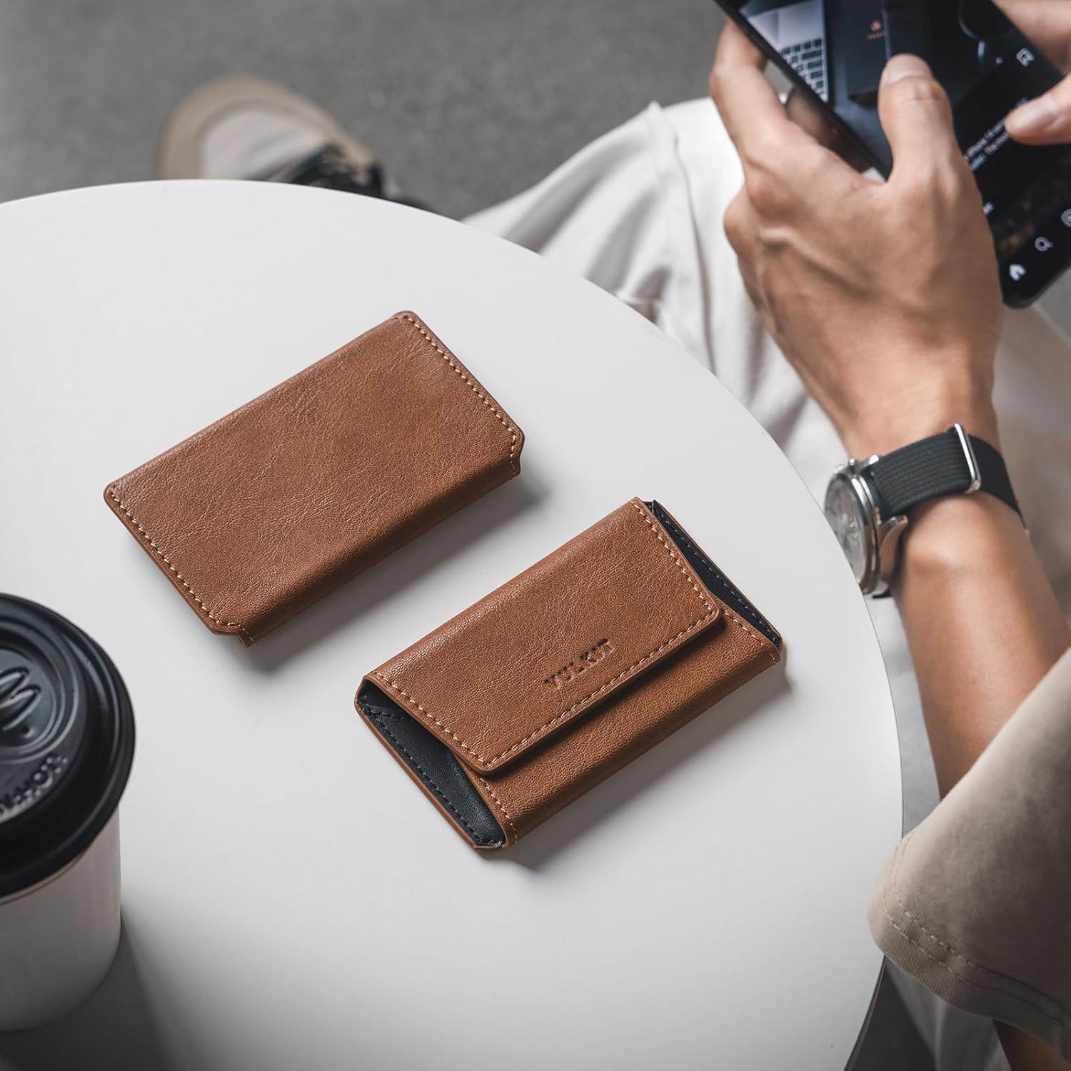 image:imageVULKIT Leather Business Card Holder Case for Men Slim Pocket Business Card Wallet Name Card Case Holder Holds 20 Business Cards BlackBrown