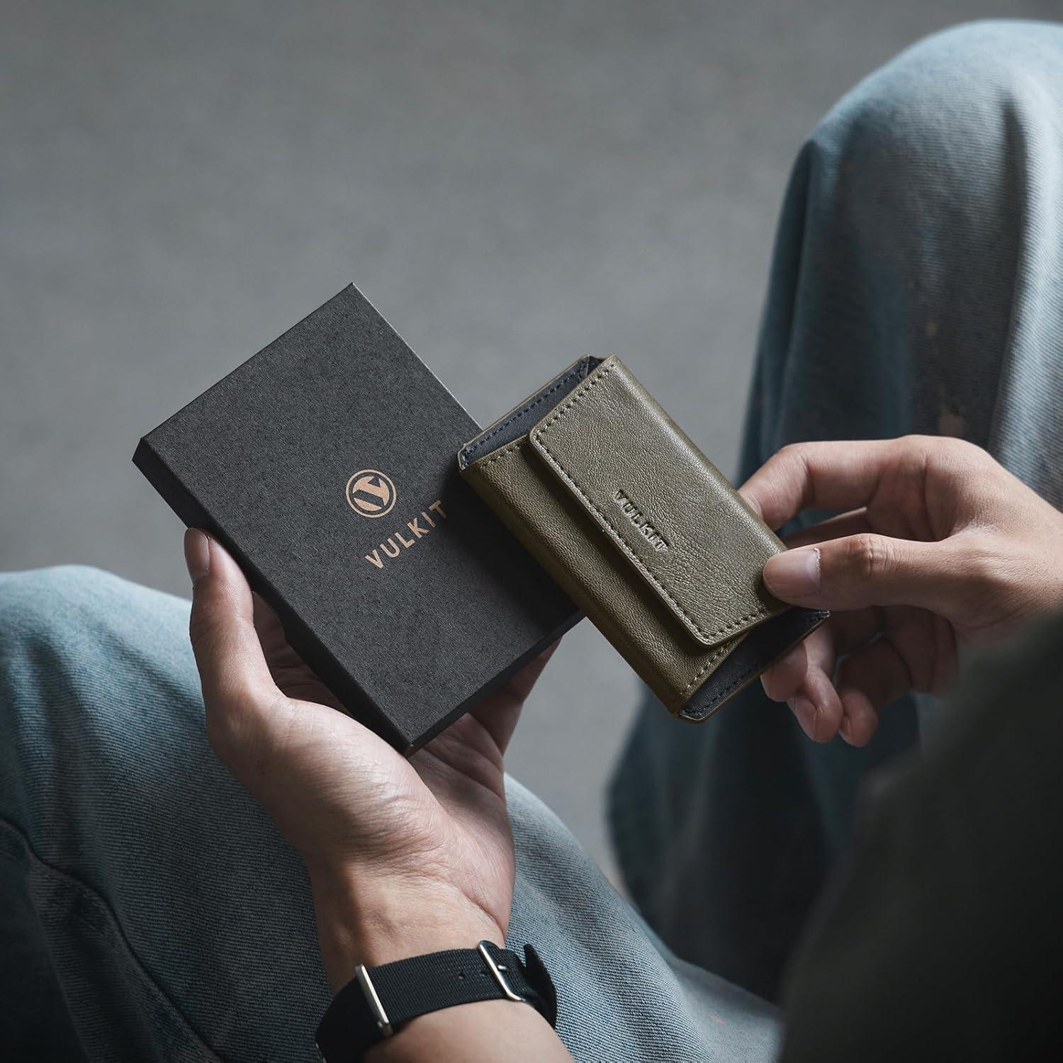 image:imageVULKIT Leather Business Card Holder Case for Men Slim Pocket Business Card Wallet Name Card Case Holder Holds 20 Business Cards BlackOlive