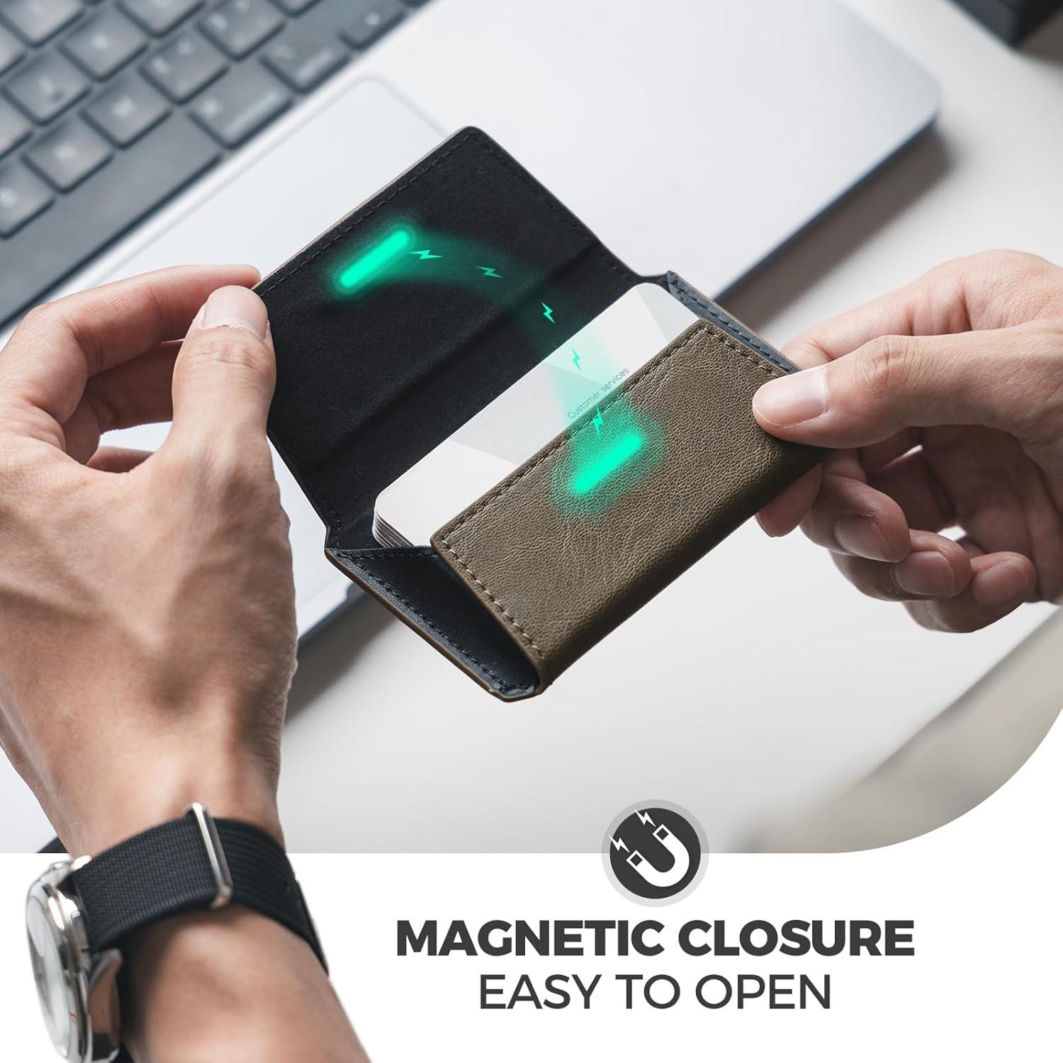 image:imageVULKIT Leather Business Card Holder Case for Men Slim Pocket Business Card Wallet Name Card Case Holder Holds 20 Business Cards BlackOlive