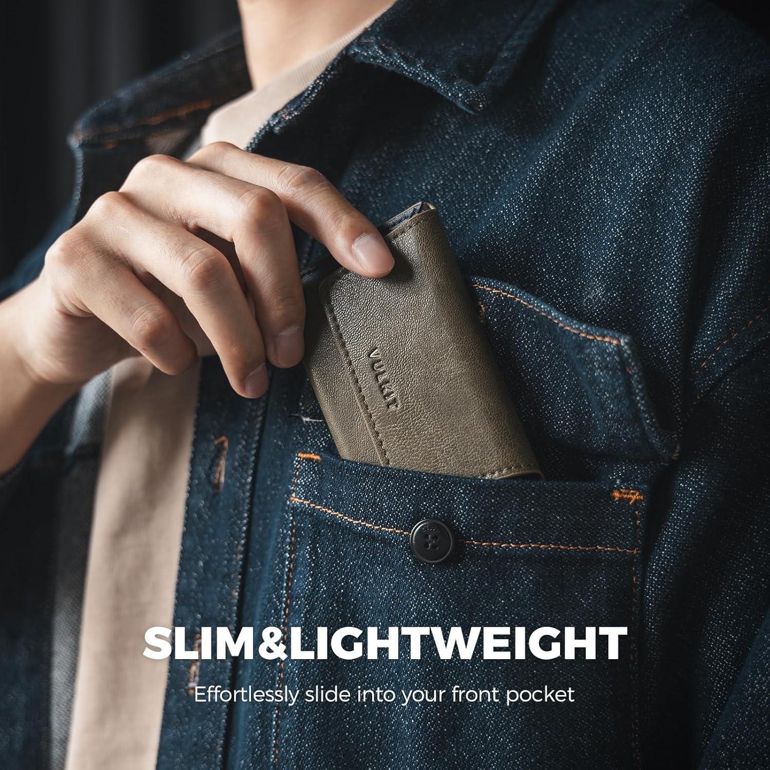 image:imageVULKIT Leather Business Card Holder Case for Men Slim Pocket Business Card Wallet Name Card Case Holder Holds 20 Business Cards BlackOlive