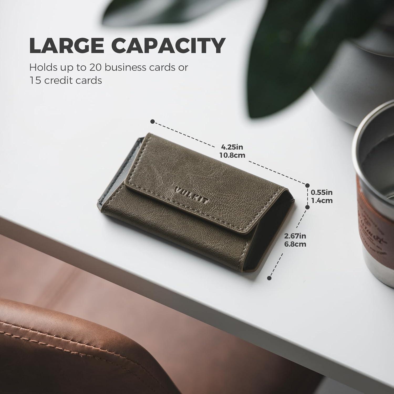 image:imageVULKIT Leather Business Card Holder Case for Men Slim Pocket Business Card Wallet Name Card Case Holder Holds 20 Business Cards BlackOlive