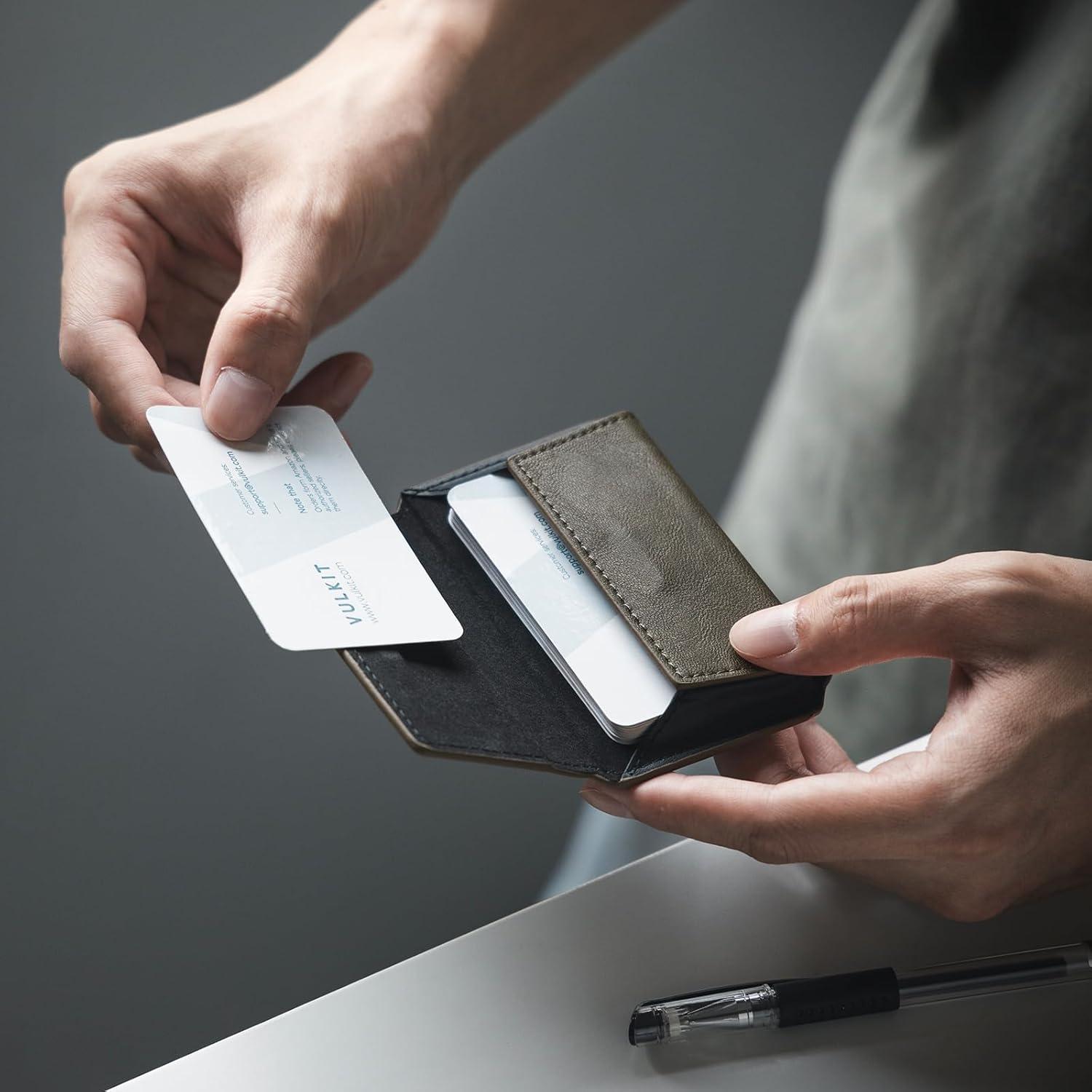 image:imageVULKIT Leather Business Card Holder Case for Men Slim Pocket Business Card Wallet Name Card Case Holder Holds 20 Business Cards BlackOlive