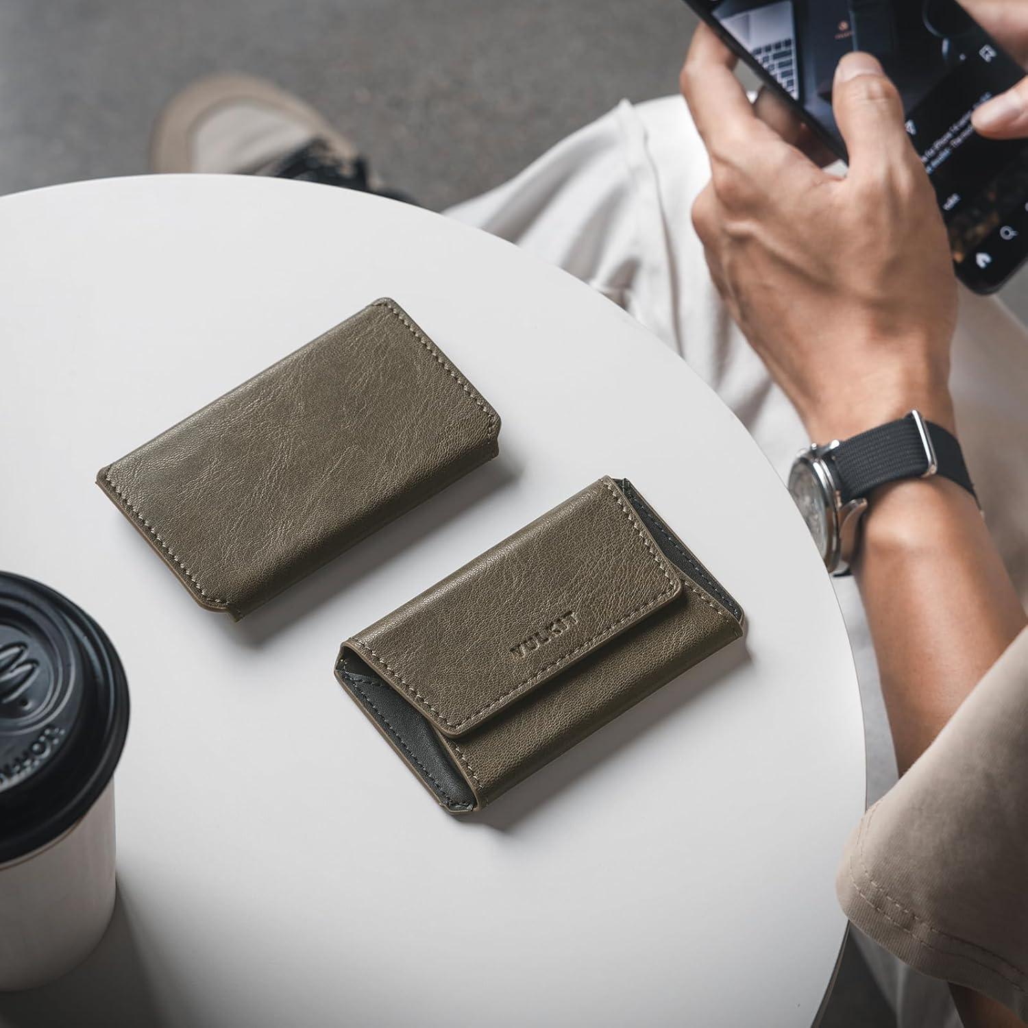 image:imageVULKIT Leather Business Card Holder Case for Men Slim Pocket Business Card Wallet Name Card Case Holder Holds 20 Business Cards BlackOlive
